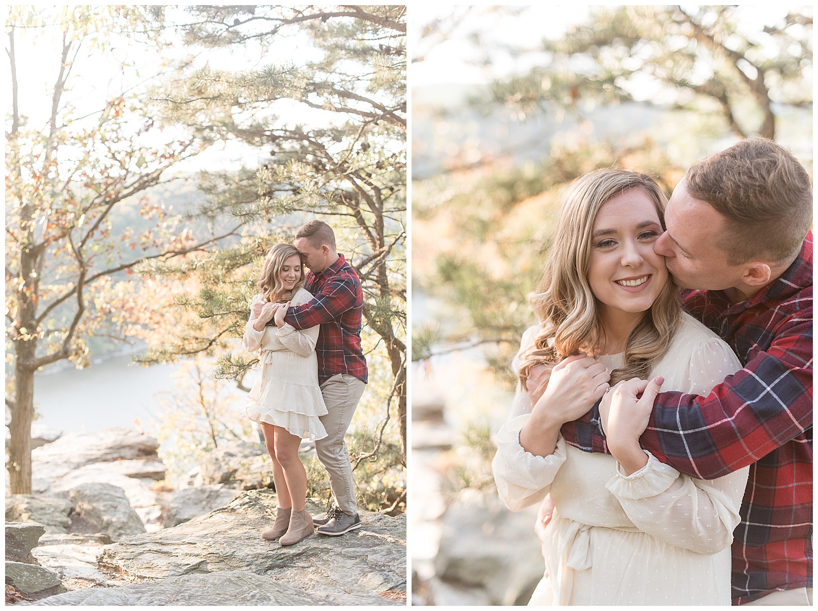 guy hugging girl from behind with her holding onto his arms wrapped around her as they smile on sunny bright fall day in pennsylvania