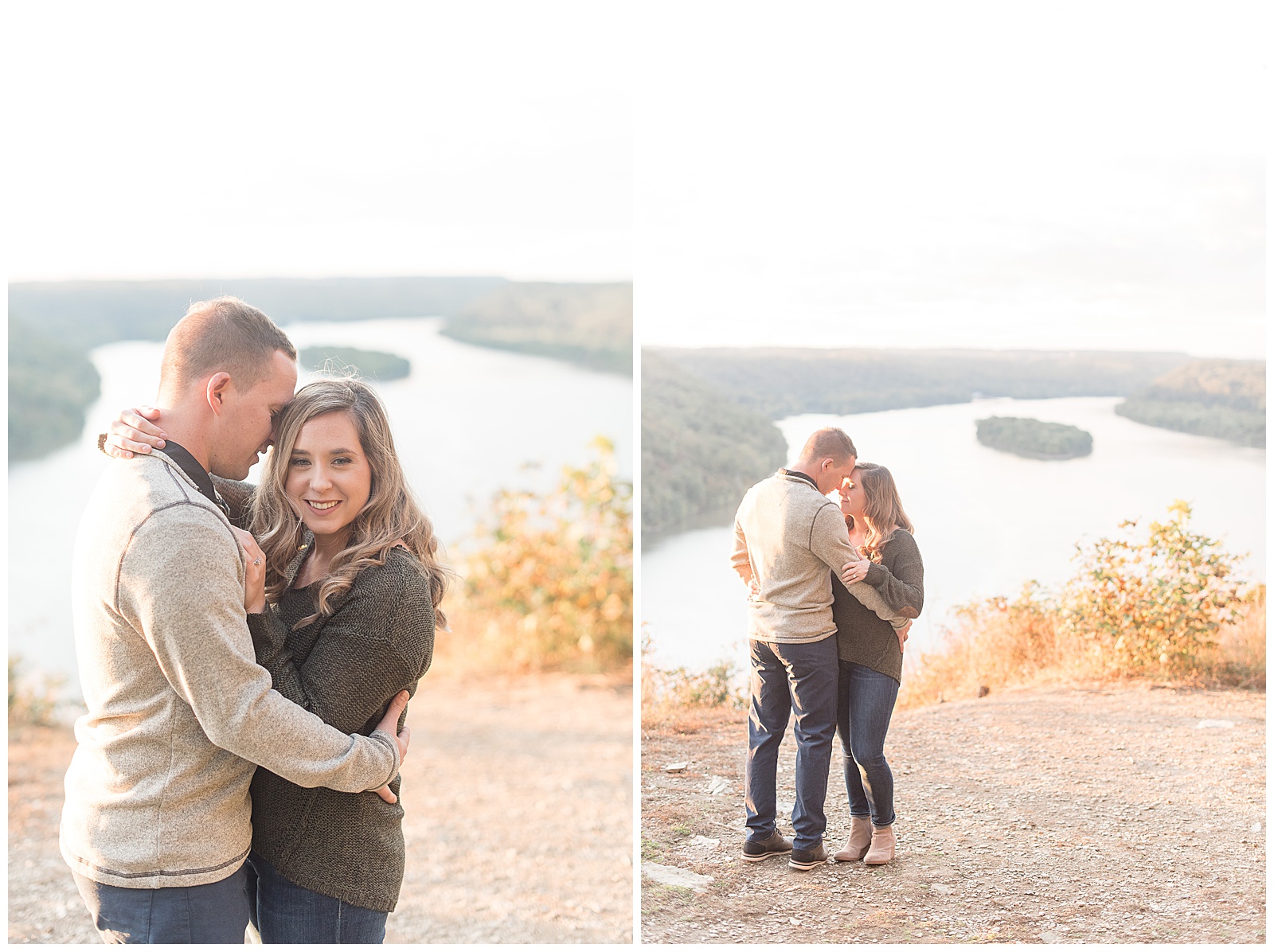 engaged couple hugging as girl smiles and looks at camera with the couple wearing sweaters and jeans on fall day