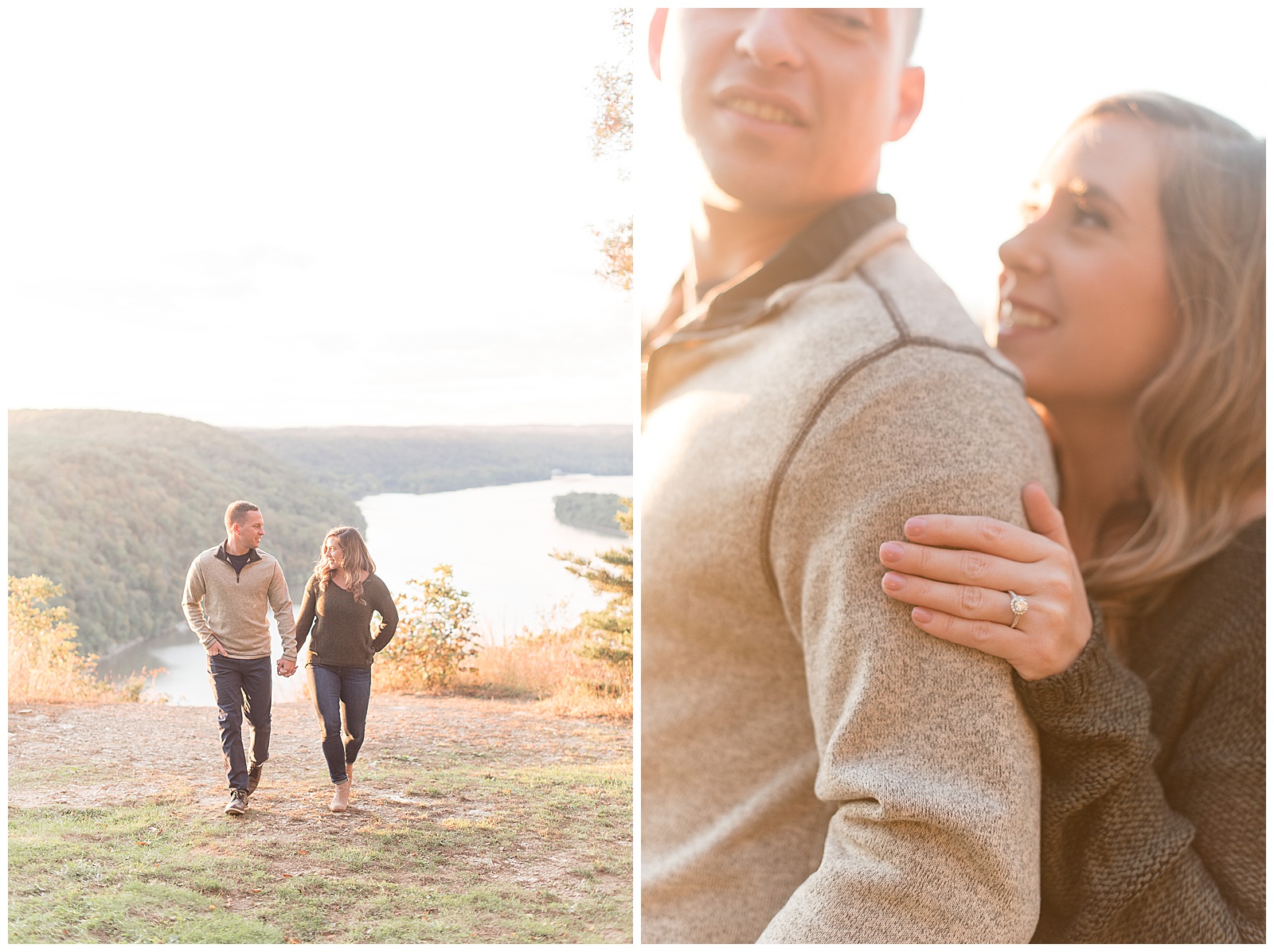 couple holding hands and walking toward camera with river behind them on sunny fall day