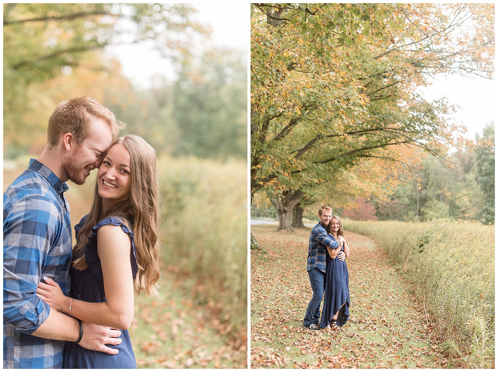 engaged couple hugging as girl smiles and looks at camera by tall wild grasses along pathway covered in fallen leaves