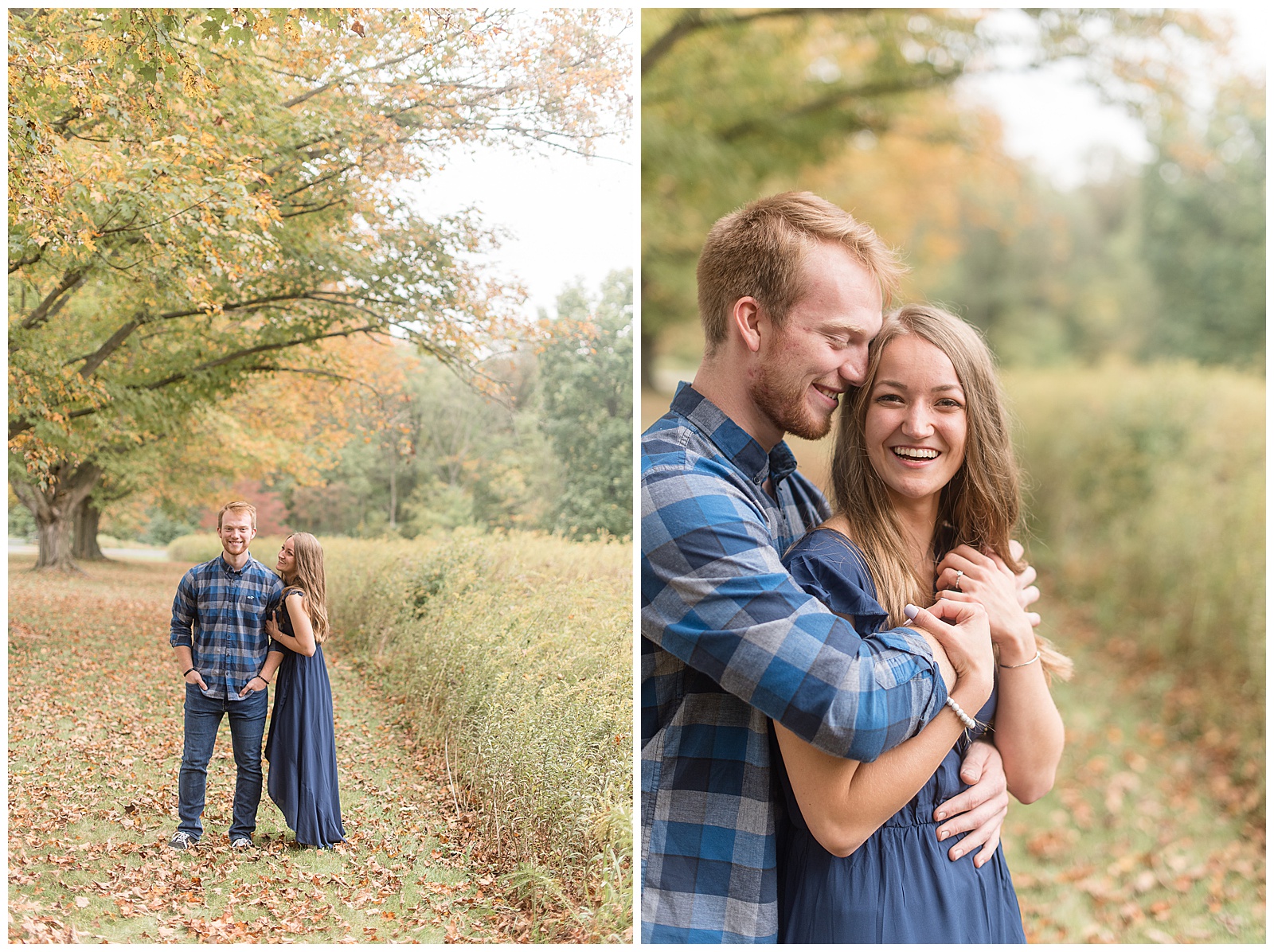 engaged couple smiling and hugging tightly surrounded by tall wild grasses and trees in lancaster pennsylvania