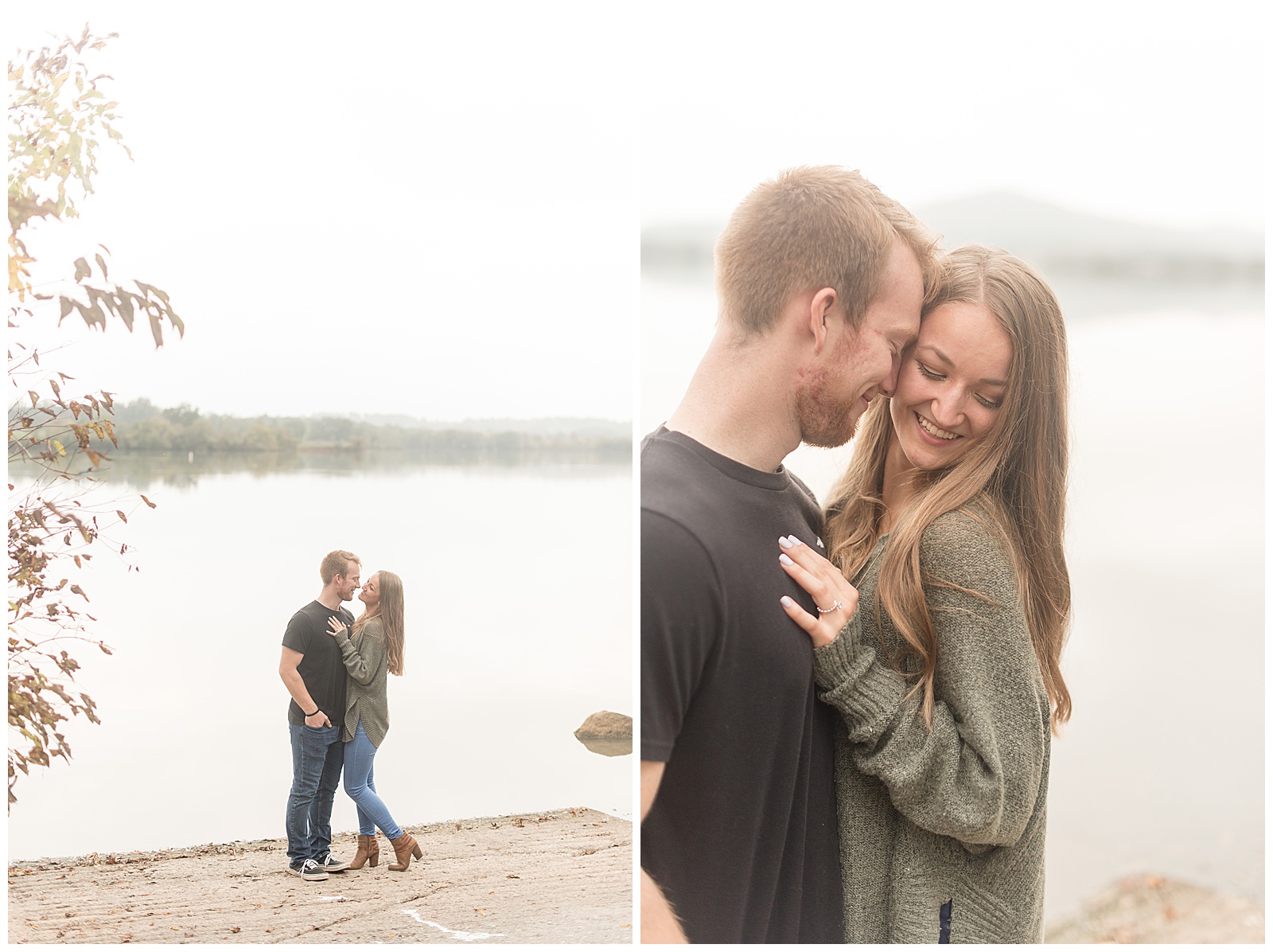 engaged couple hugging and smiling by lake on cloudy fall day with row of trees in background