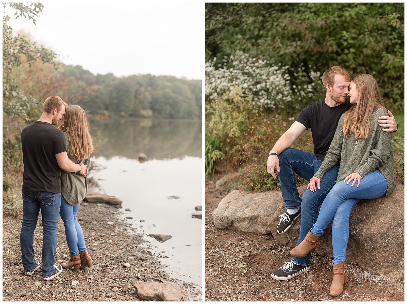 engaged couple hugging tightly and almost kissing sitting on large rock by lake on cloudy day