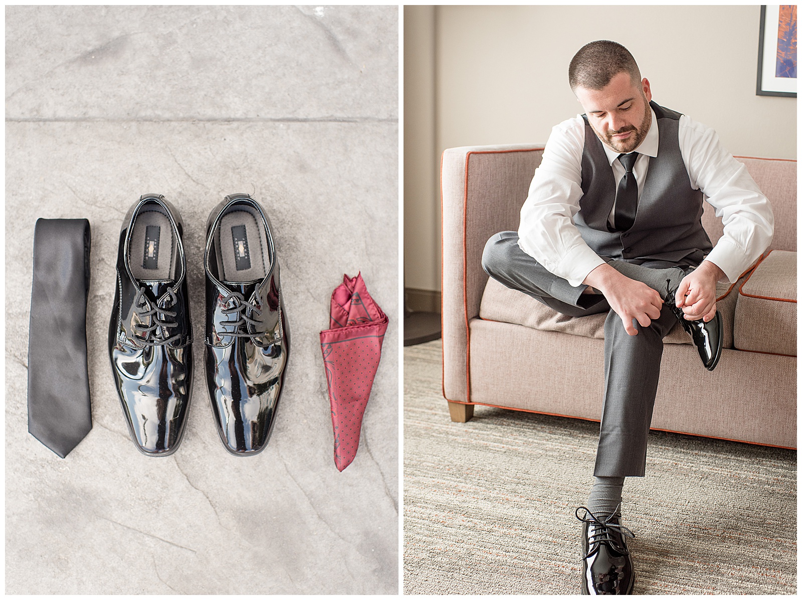 groom sitting on tan couch getting his black dress shoes on and tying the laces before wedding ceremony