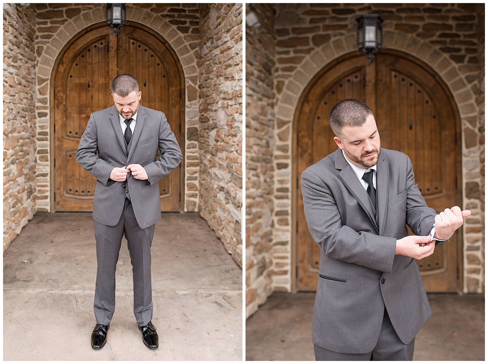 groom looking down and buttoning up his gray suit coat in front of large wooden arched door