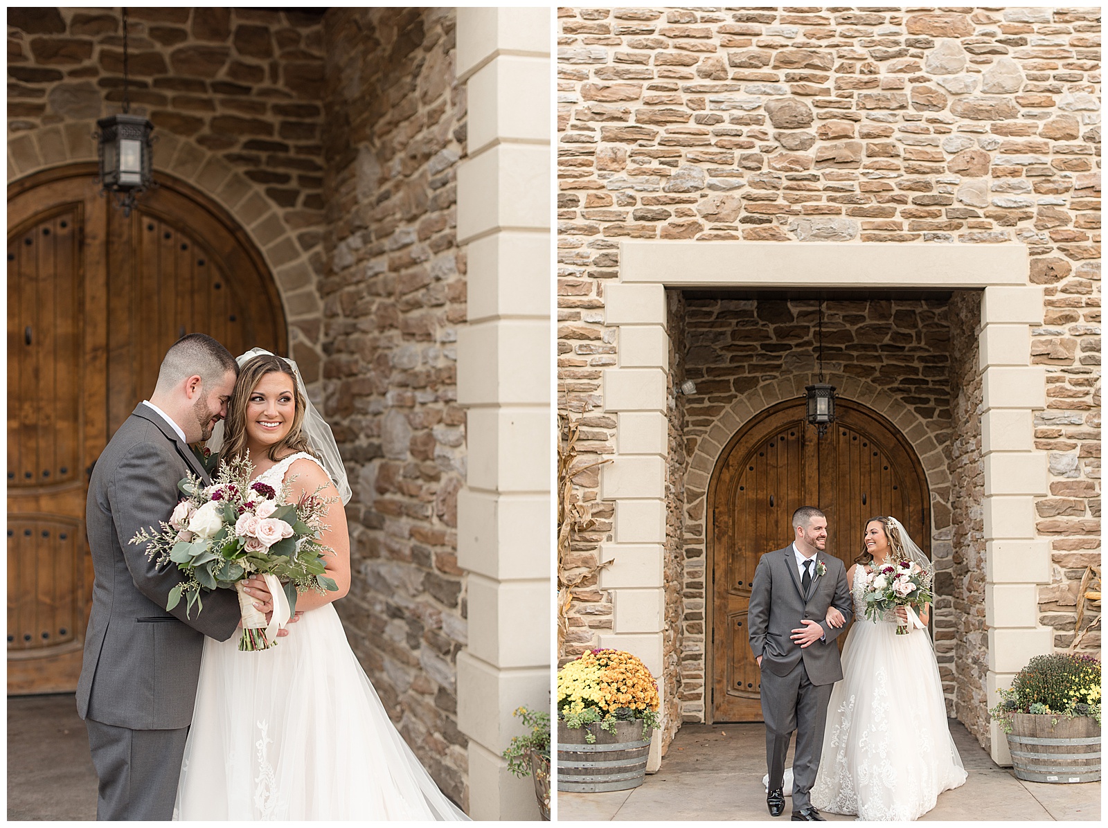 bride and groom with linked arms looking at each other smiling outside stone building on rainy wedding day