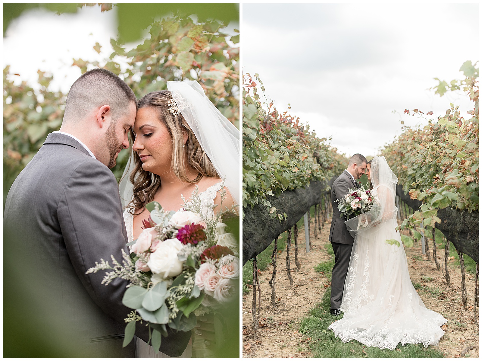 bride and groom resting their foreheads together and looking down while standing along row of grapevines in vineyard