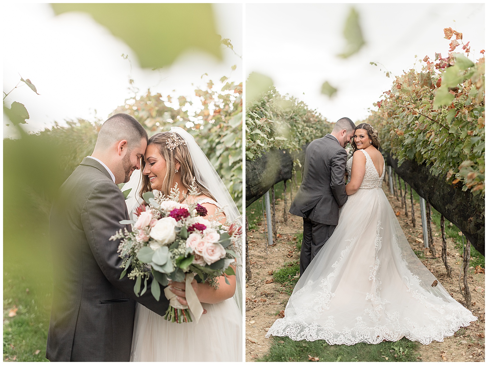 bride and groom hugging with foreheads resting together as they both smile standing in vineyard in pennsylvania