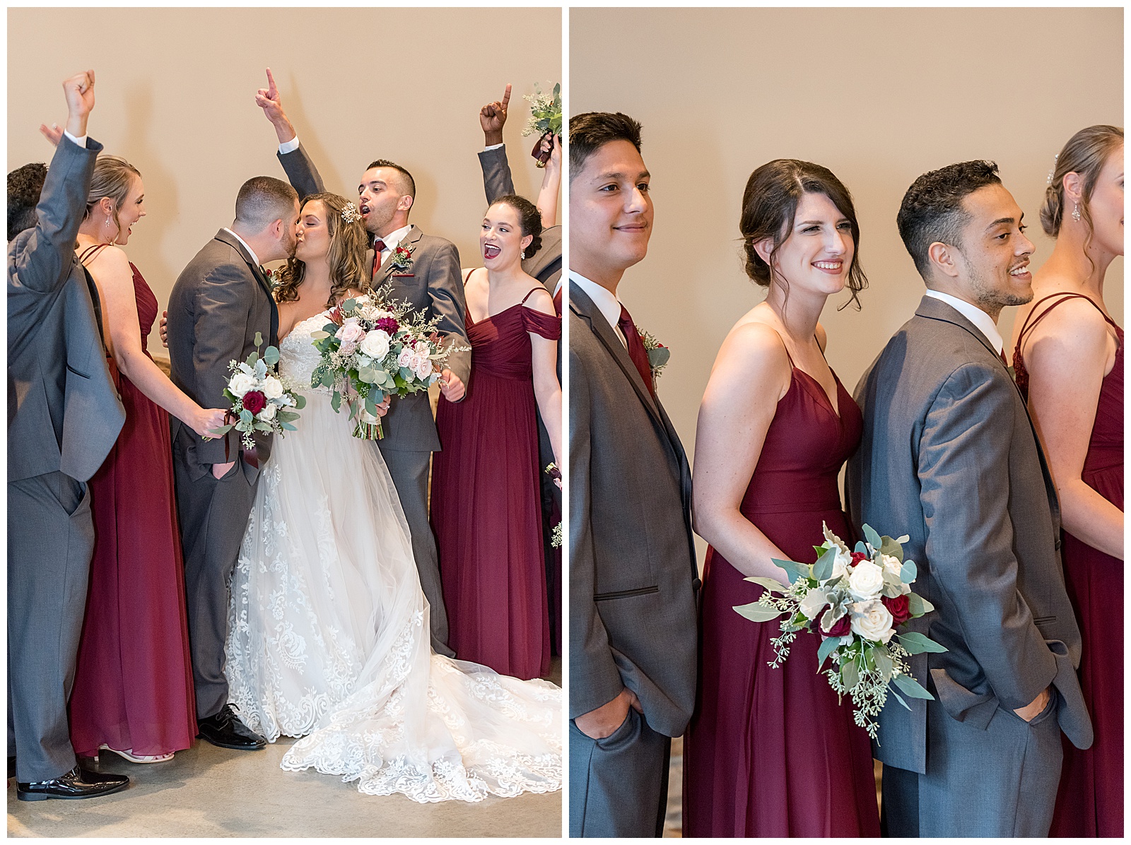 bride and groom kissing as their bridal party surrounds them cheering before wedding ceremony