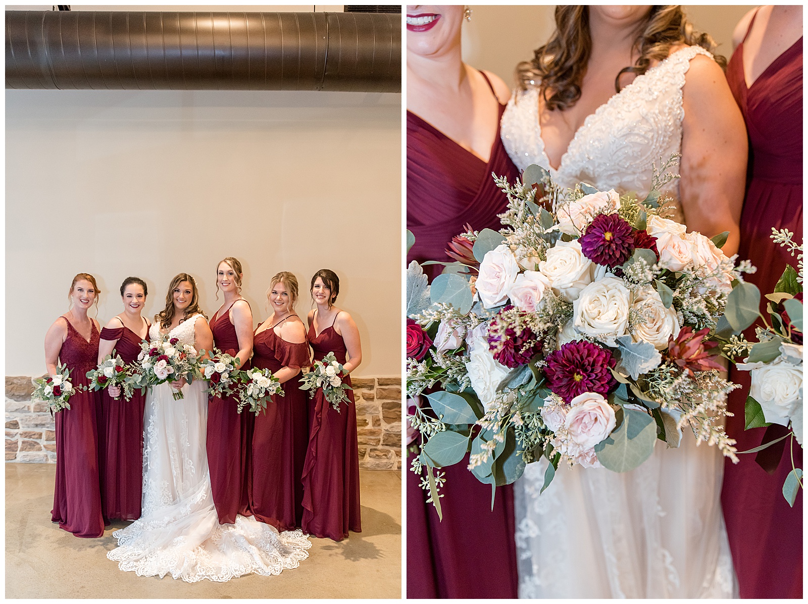 bride surrounding by her five bridesmaids wearing maroon floor-length gowns and everyone holding bouquets