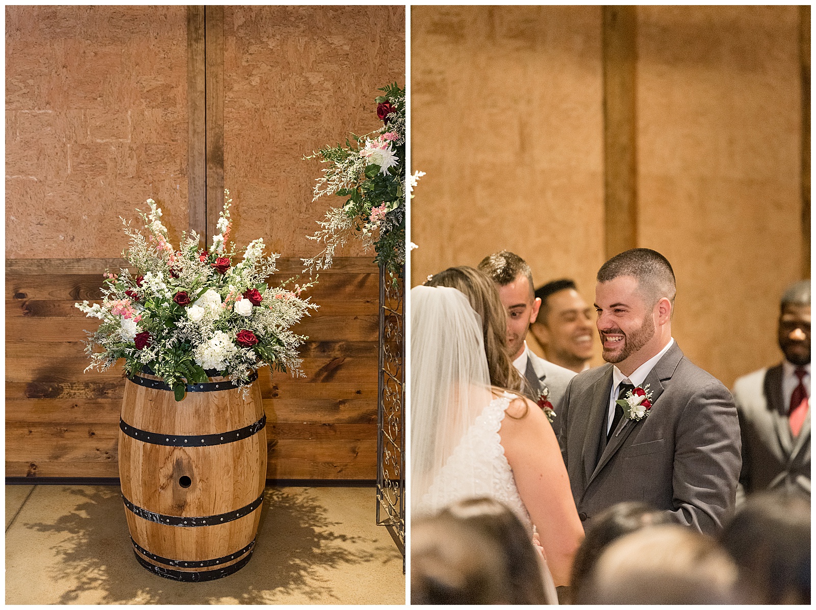 bride and groom smiling during indoor fall wedding ceremony in beautifully decorated room