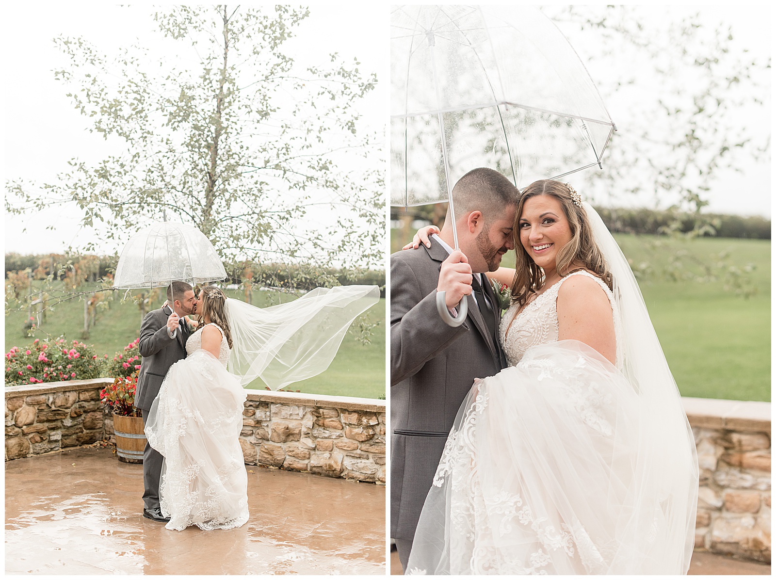 groom holding clear umbrella over himself and his bride on patio on rainy wedding day as they kiss