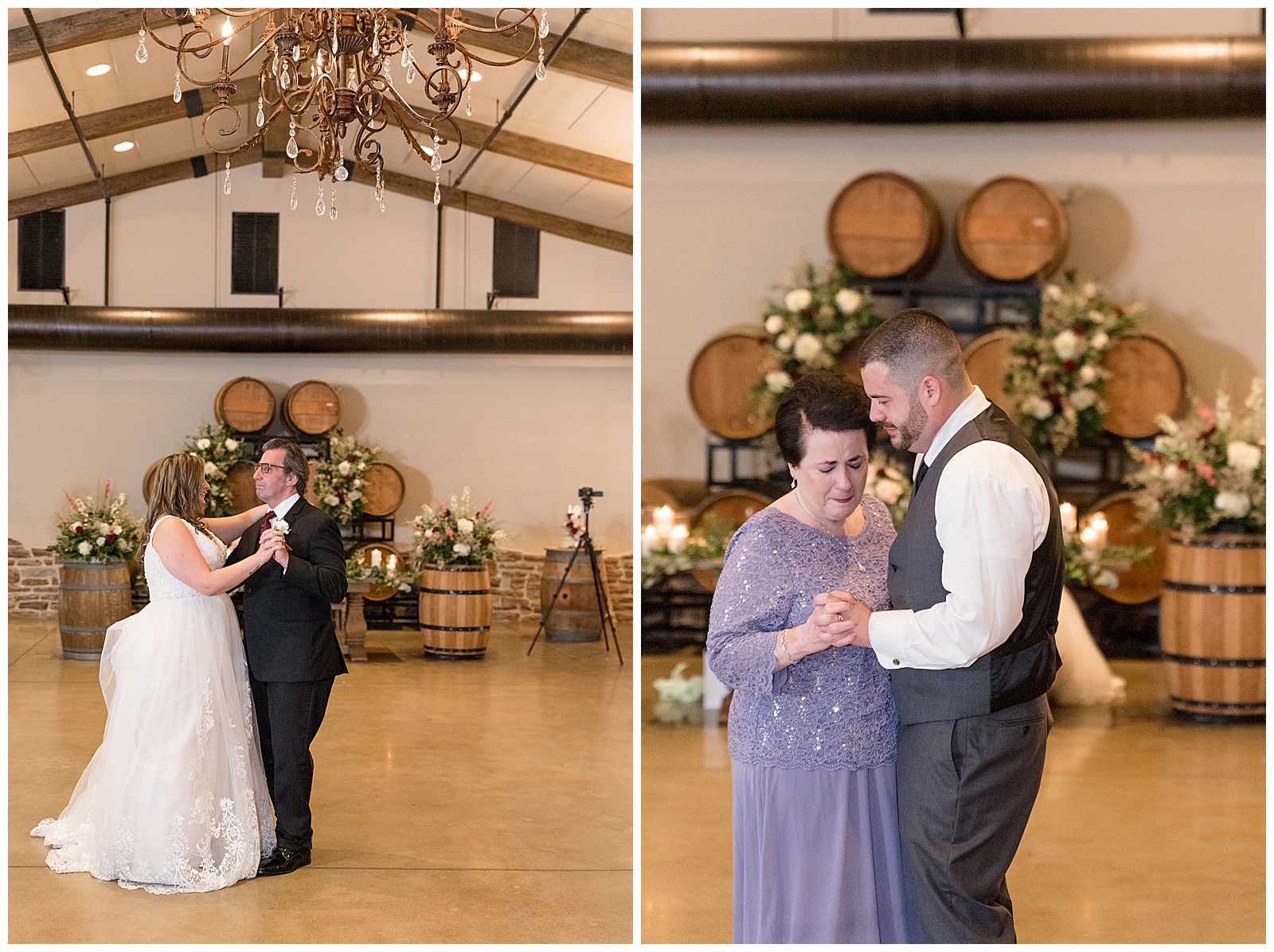 bride dancing with her father and groom dancing with his mother during indoor fall wedding reception