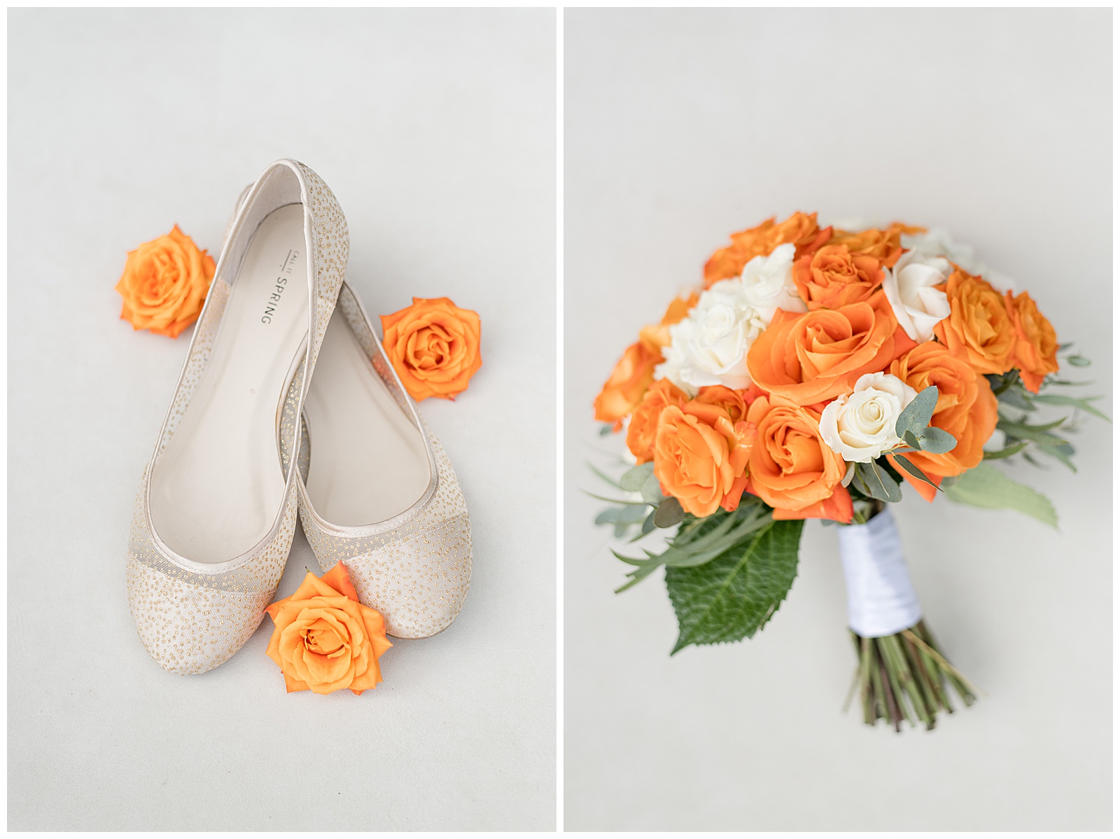 bride's neutral shoes surrounded by orange roses and bride's bouquet filled with orange and white roses