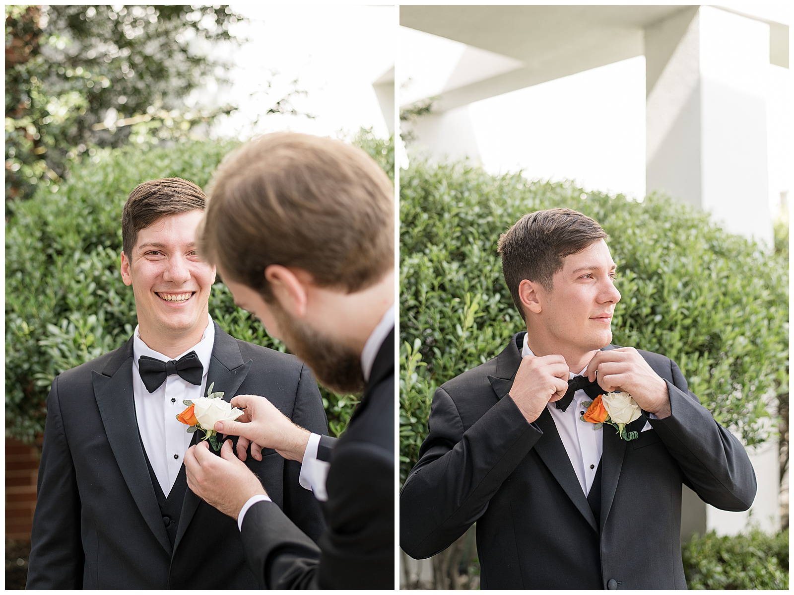 best man helping to attach boutonniere to groom's black suit coat on sunny fall day