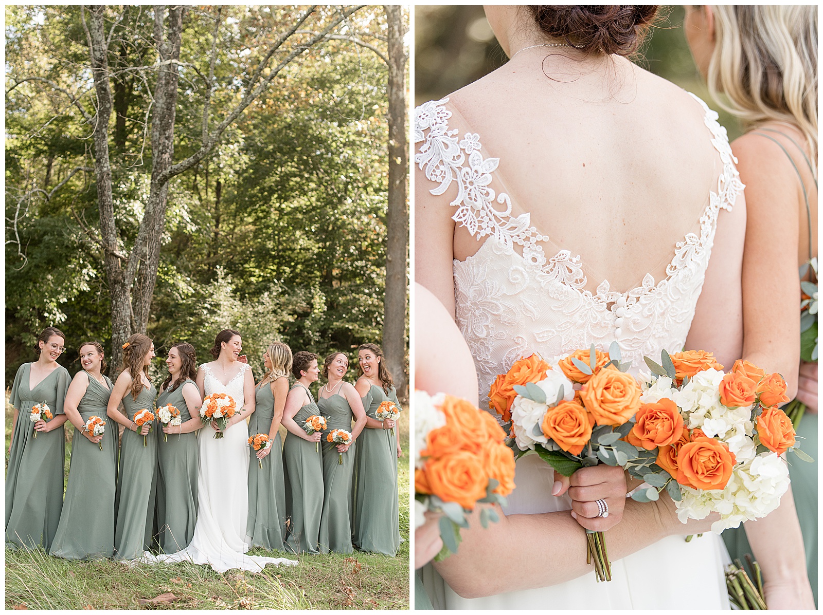 bride and bridesmaids all looking at and talking to one another with tall trees behind them on sunny fall day