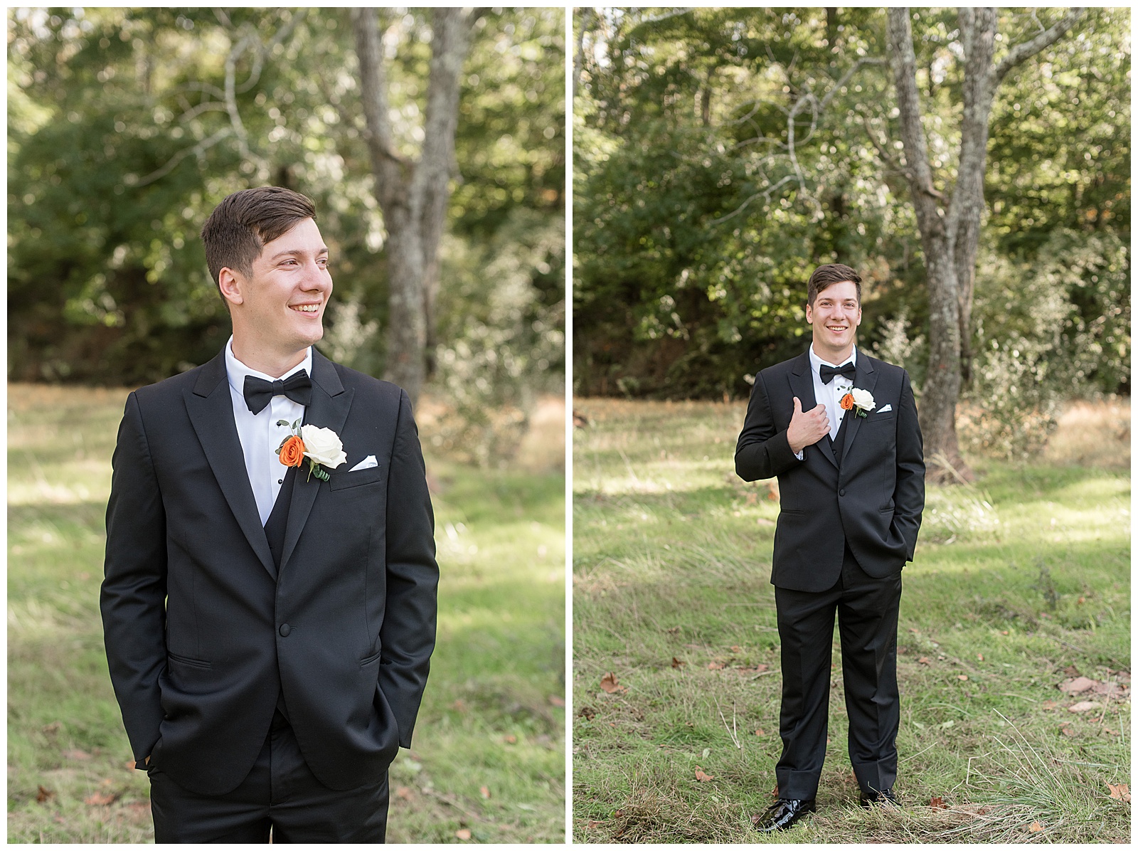 groom holding edge of his black suit coat and smiling at camera on sunny fall day