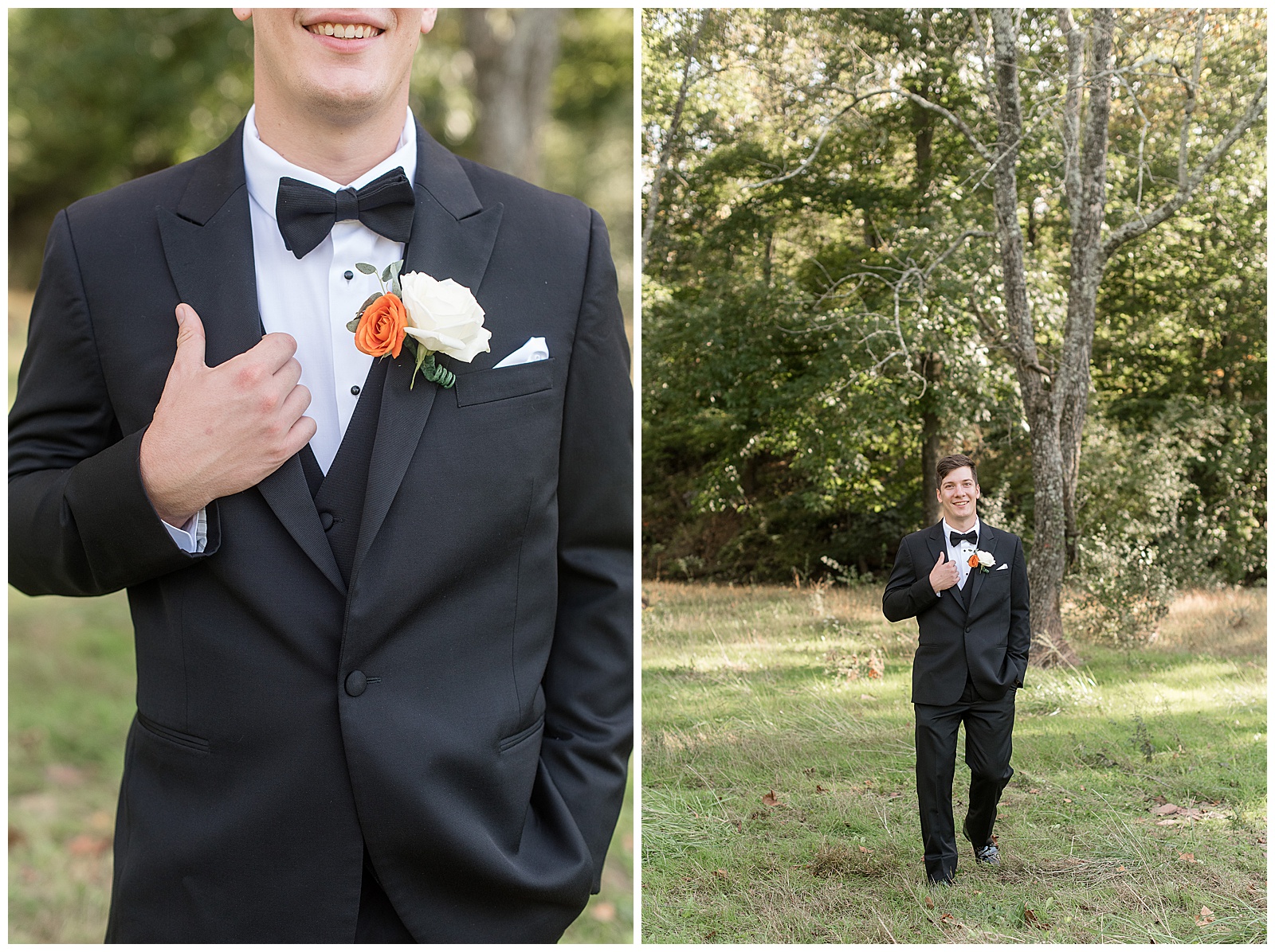 groom holding edge of suit coat with right hand and walking towards camera on sunny fall day in pennsylvania
