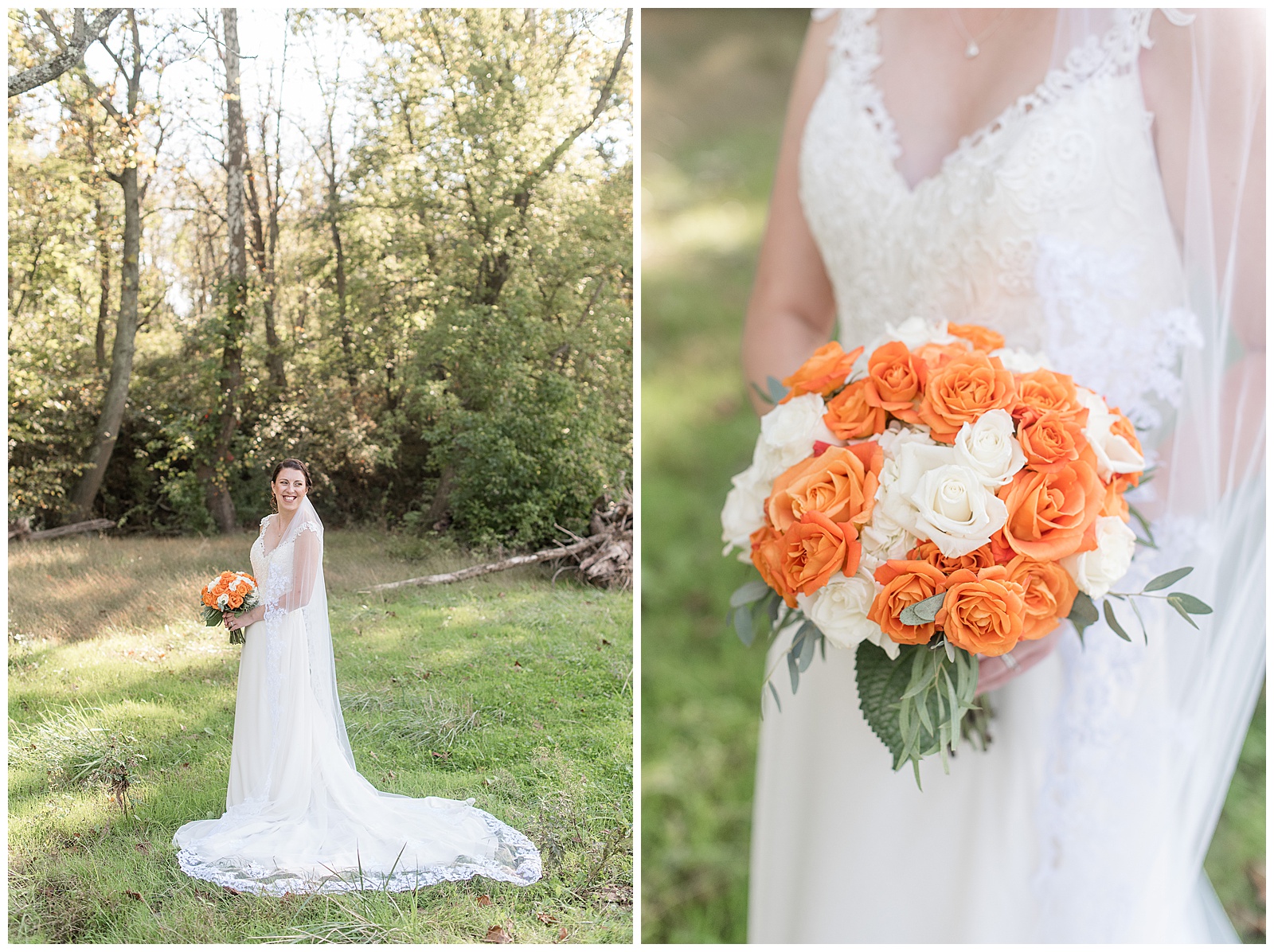 bride in sleeveless white wedding gown with long white veil holding bouquet filled with orange and white roses