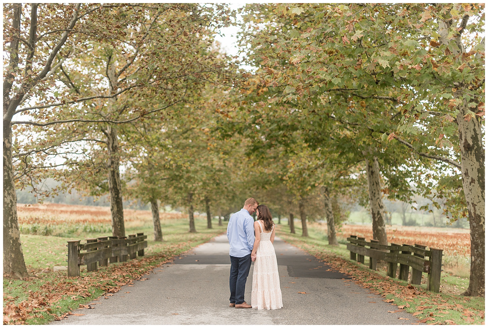 couple standing close with backs toward camera on tree-lined pathway in chester county pennsylvania
