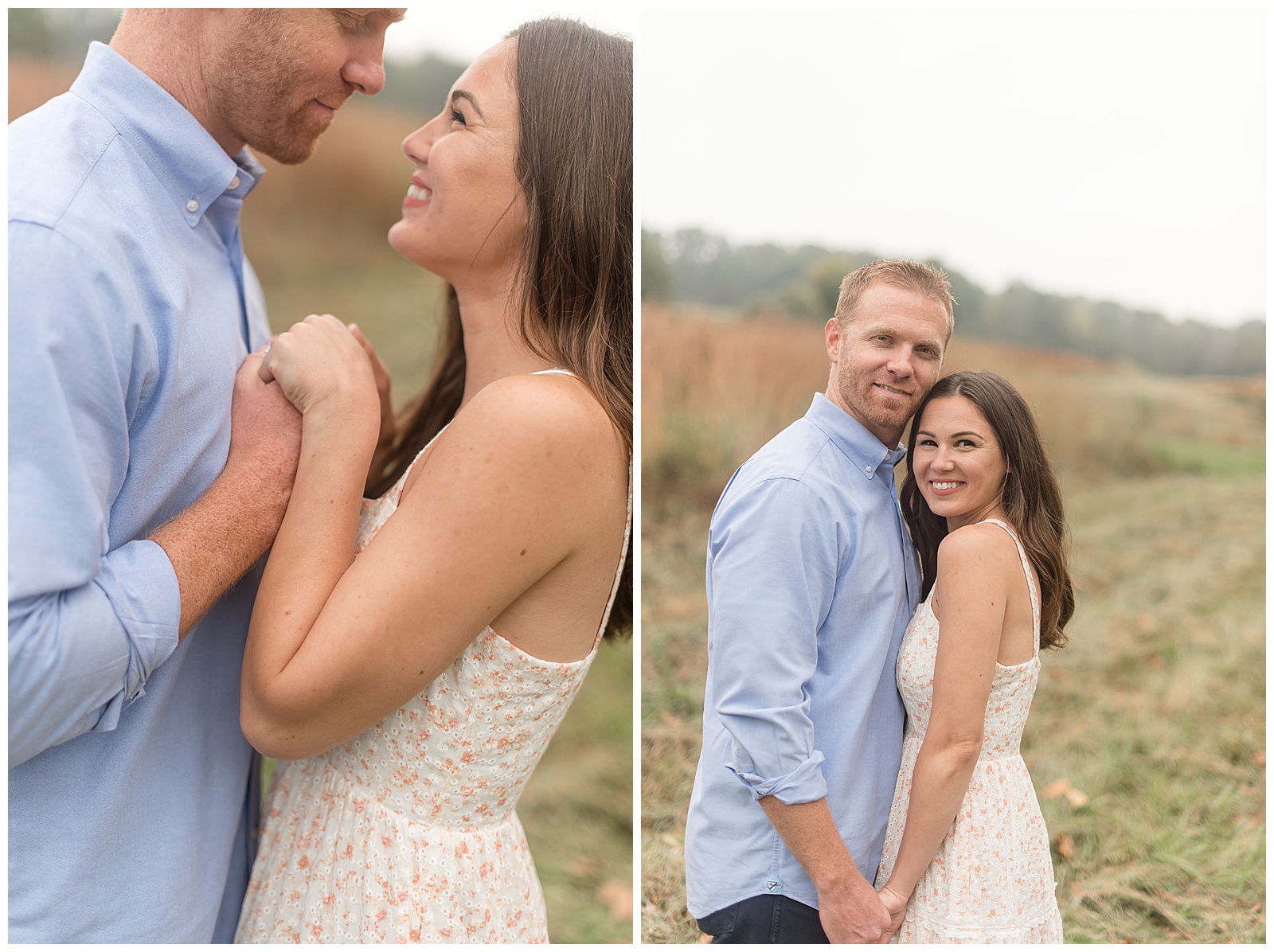 engaged couple hugging tightly with their hands between them as they smile and look at each other on cloudy fall day
