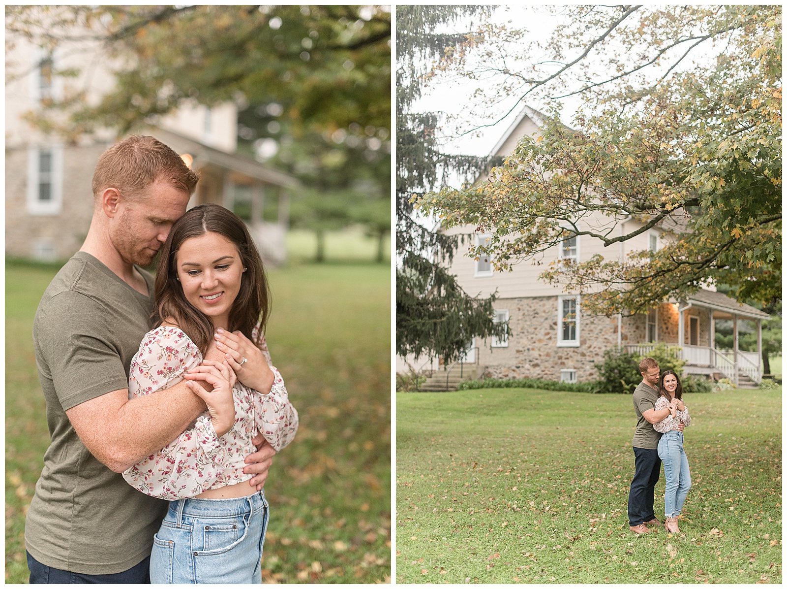 guy wearing army green t-shirt and black pants hugging girl wearing white floral crop top and blue jeans on cloudy fall day