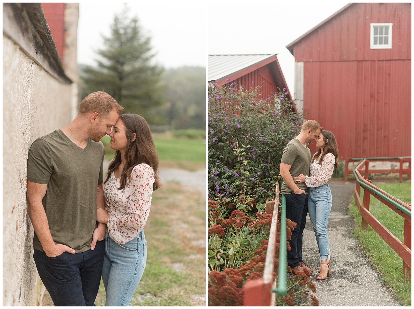 engaged couple hugging tightly by barn wall with foreheads touching on cloudy fall day