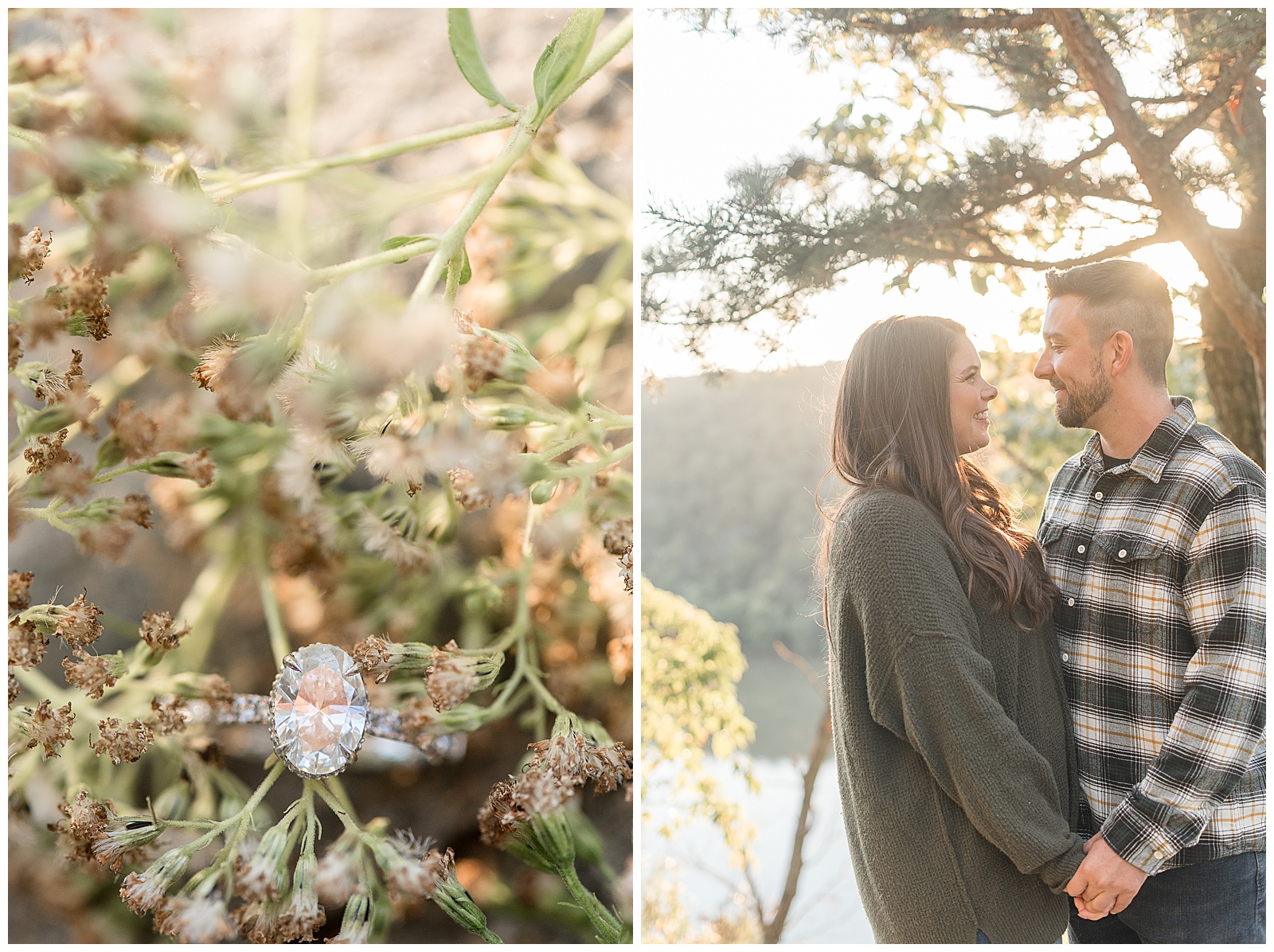 diamond engagement ring resting in greenery on sunny fall day in pennsylvania