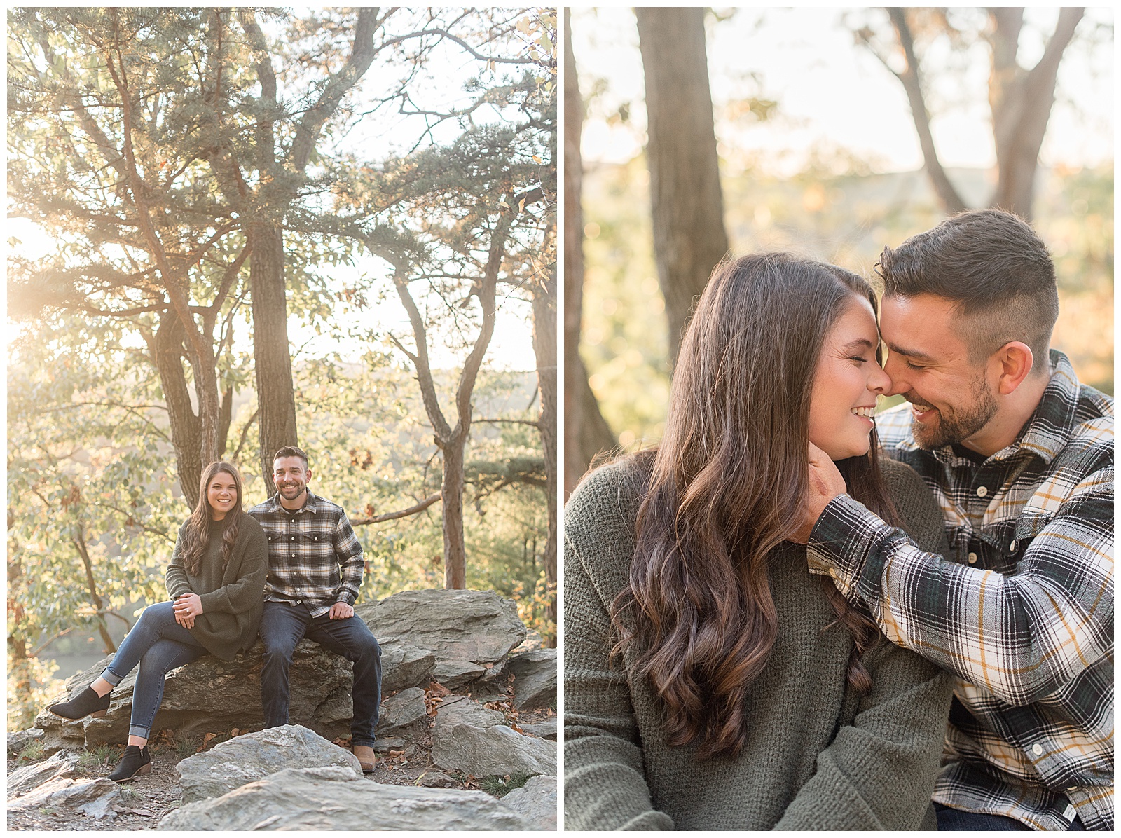 couple sitting on large rocks with girl wearing dark green sweatshirt and jeans and guy wearing flannel shirt and jeans on fall day