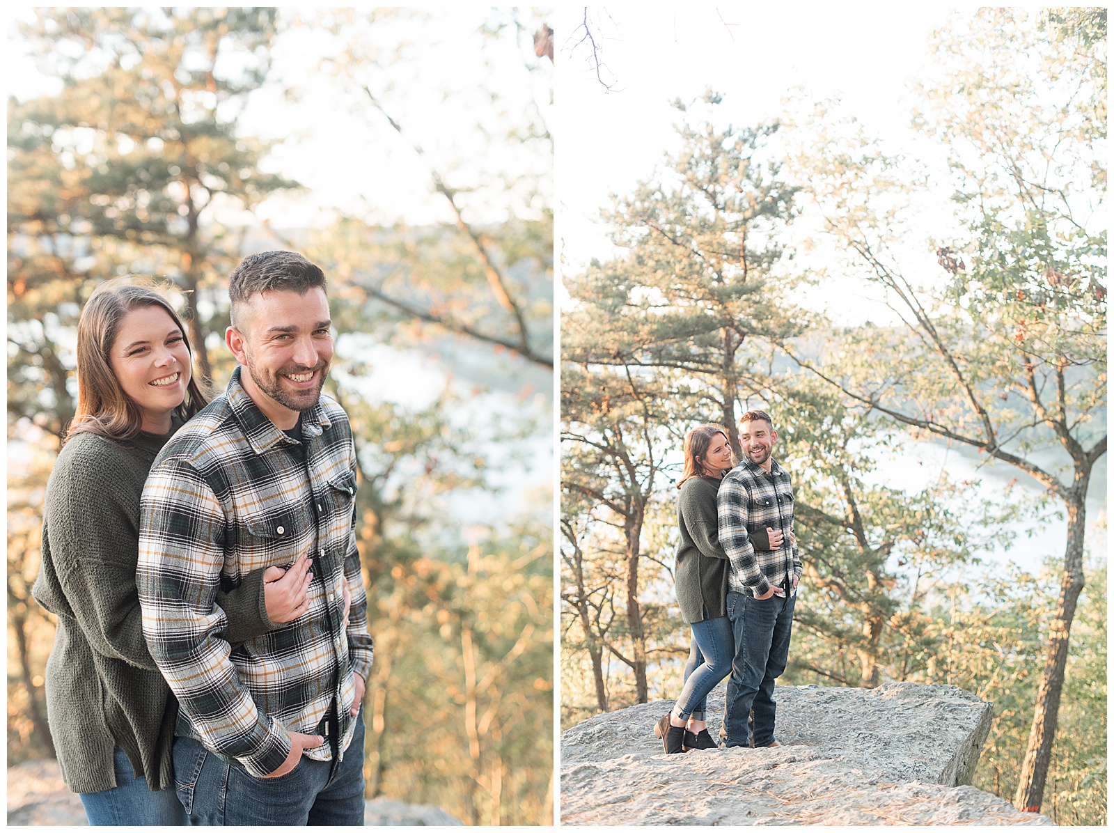 woman hugging man from behind as she smiles at him and they're standing on large rock with river below them in background