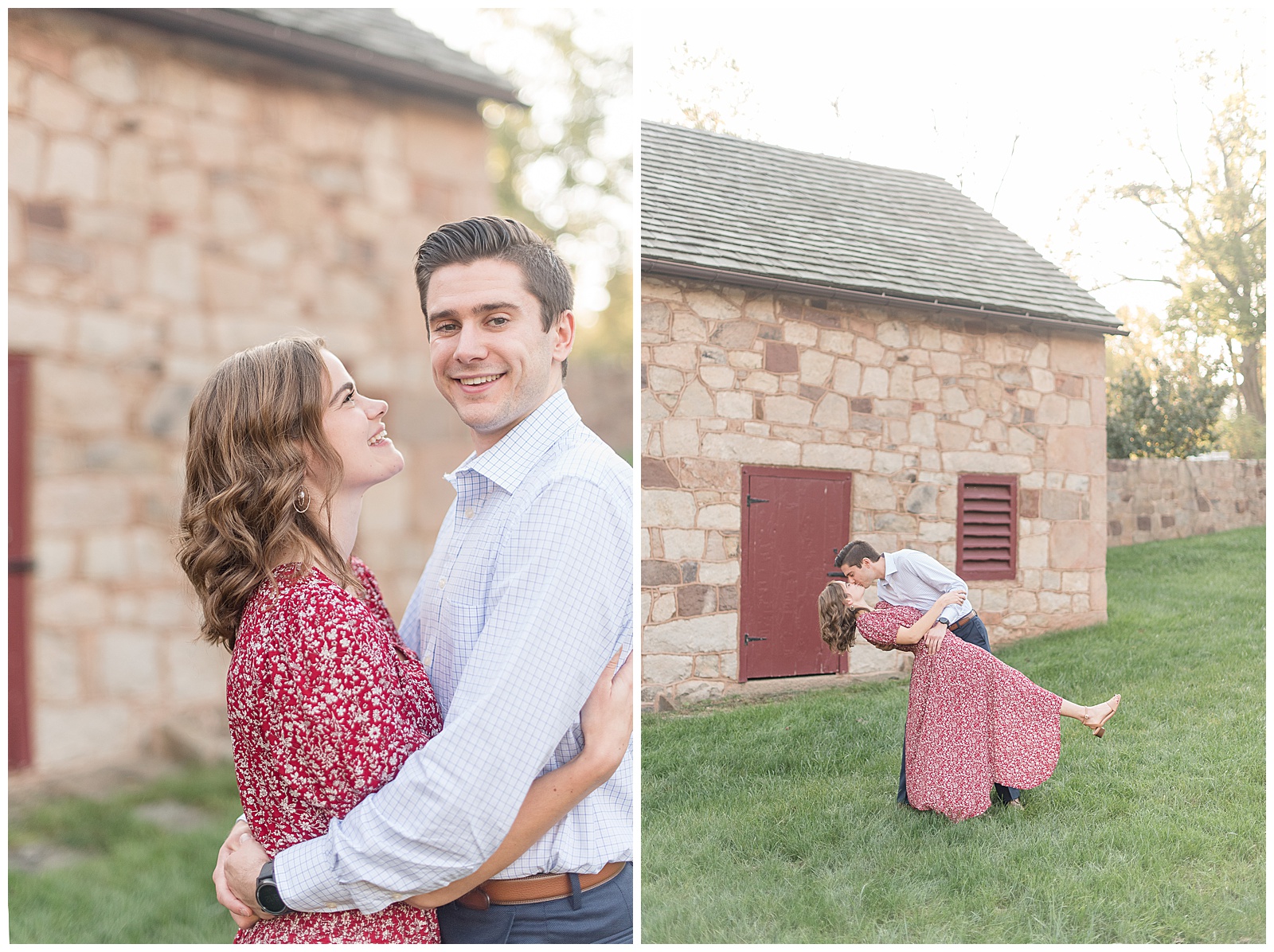 engaged couple hugging as guy dips girl backwards with historical stone barn with red door behind them on sunny evening