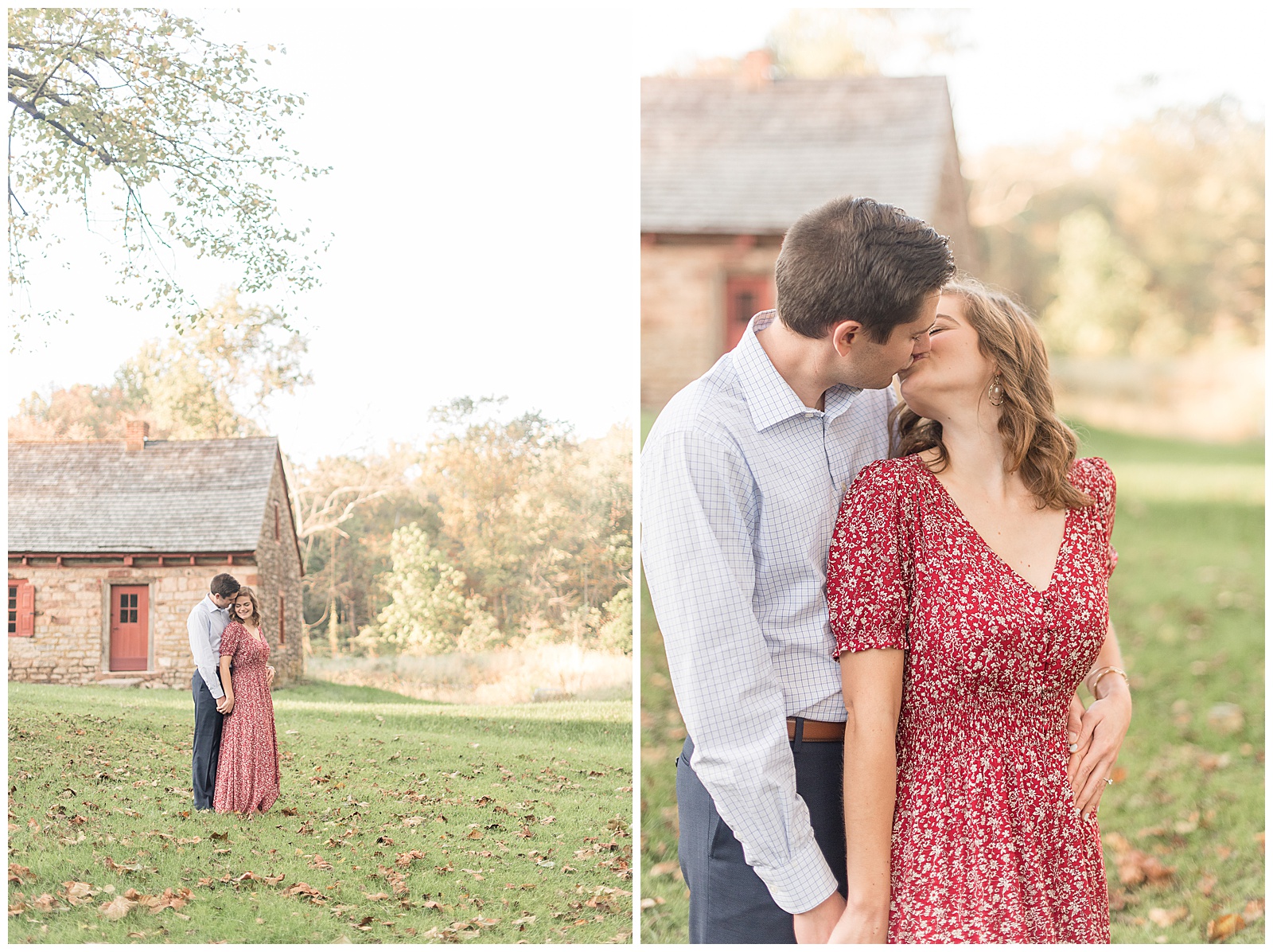 engaged couple standing close with guy slightly behind girl as they kiss on sunny fall evening with historical stone barn behind them