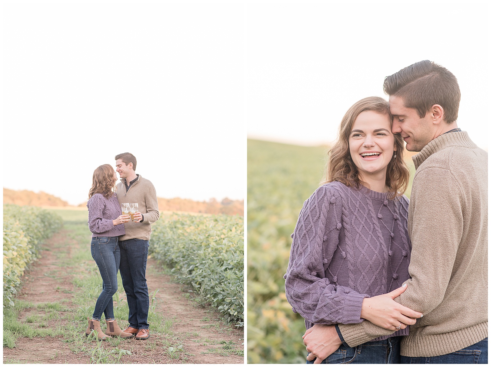 engaged couple standing close and almost kissing along pathway beside farm field with bright sky behind them on fall evening