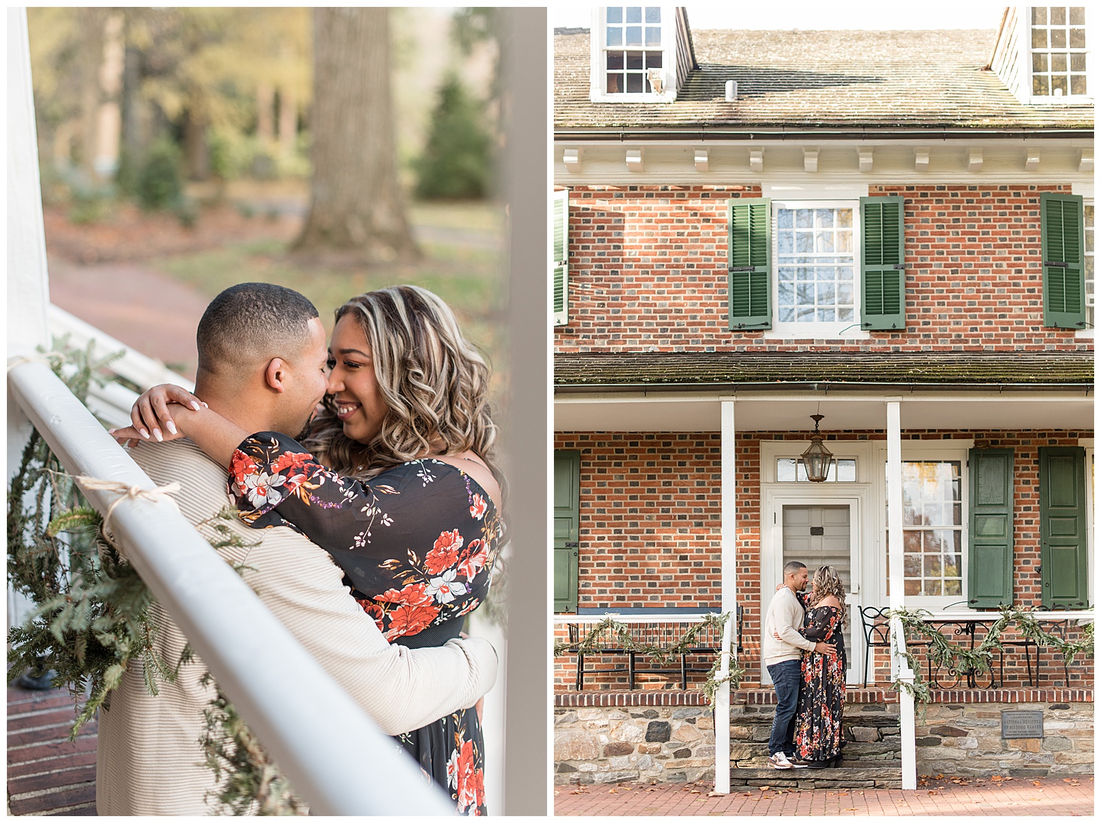 engaged couple standing on front steps of brick house with dark green shutters on sunny fall day in pennsylvania
