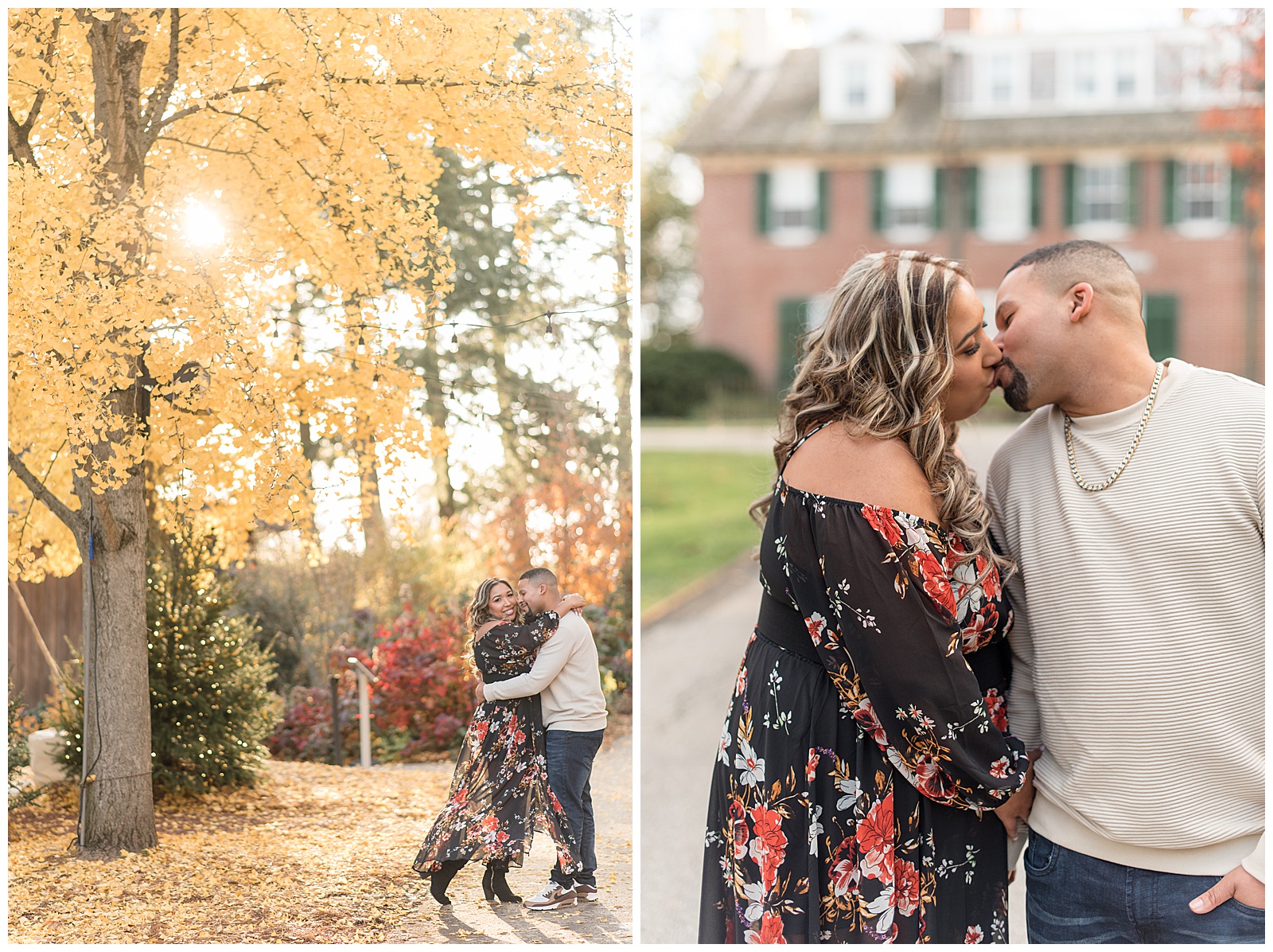 engaged couple kissing as woman holds onto guy's right hand with brick home behind them on fall day