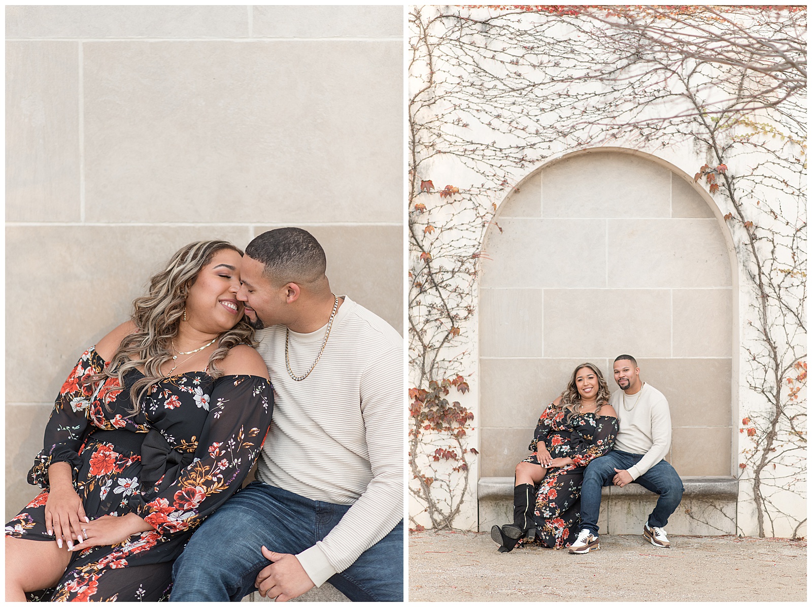 engaged couple sitting on concrete bench by concrete archway covered in ivy on fall day
