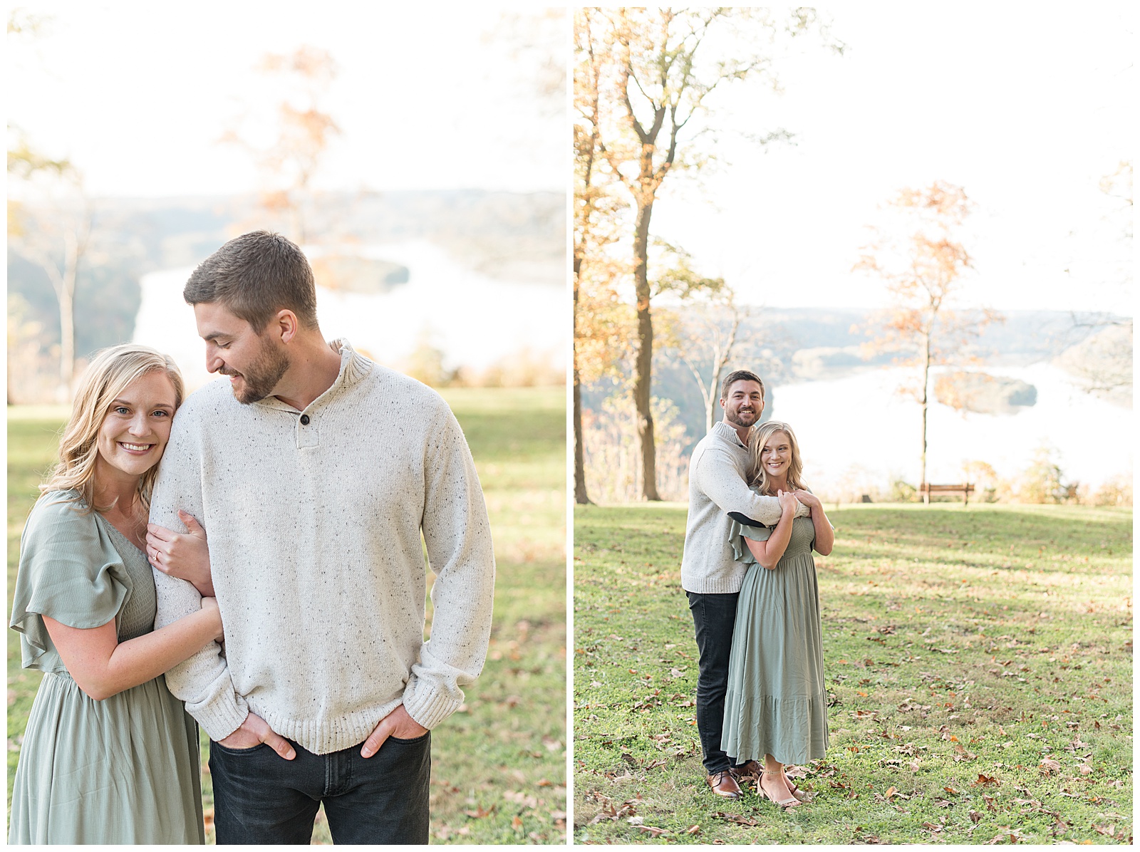 guy hugging girl from behind as they both smile at camera on sunny fall day with the susquehanna river behind them