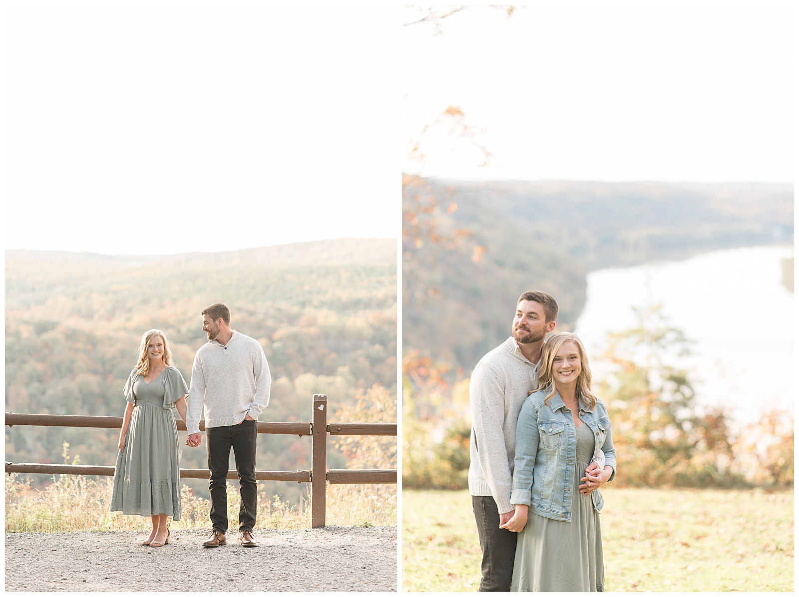 engaged couple holding hands as they look at each other smiling by split-rail fence on sunny fall day