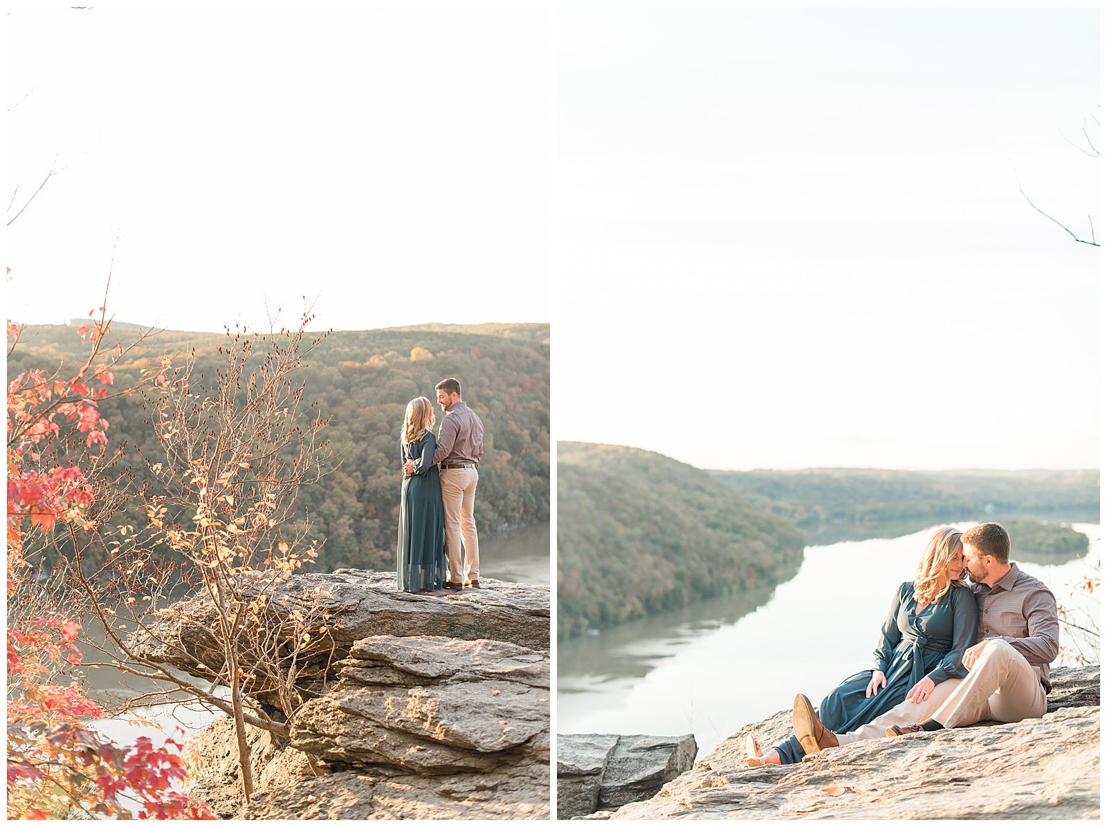 engaged couple seated atop large boulder with susquehanna river behind them on fall day