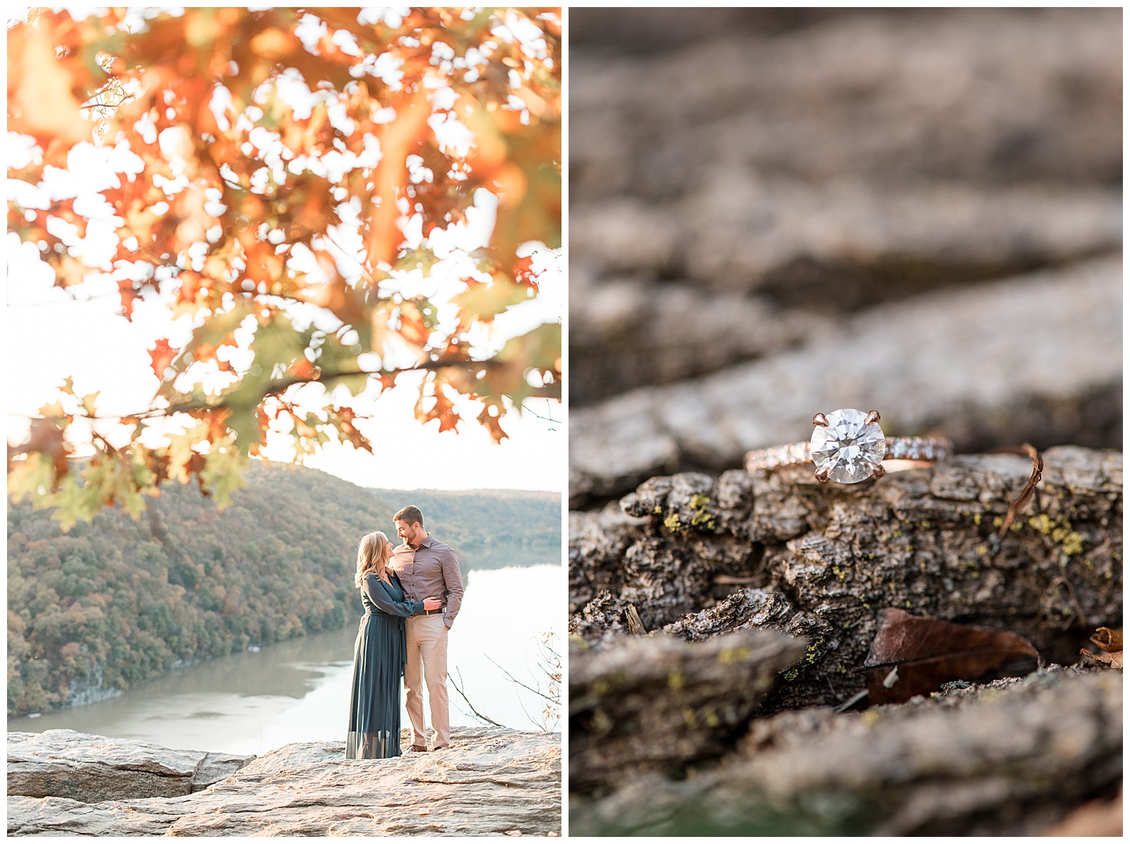 rose gold and diamond engagement ring resting on large rock on sunny fall day in pennsylvania