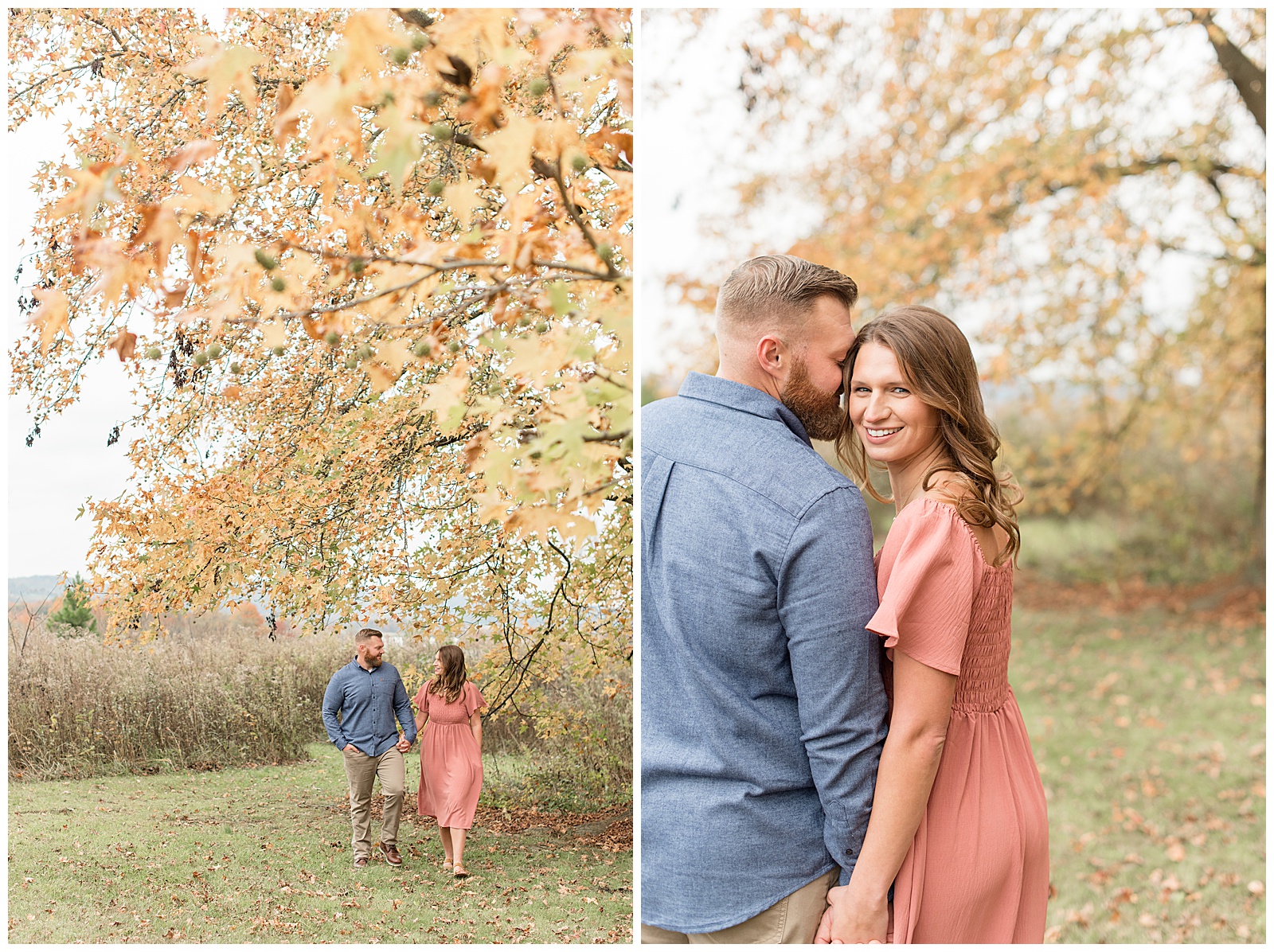 couple holding hands as girl looks back at camera smiling as guy rests his forehead against her right temple on fall day