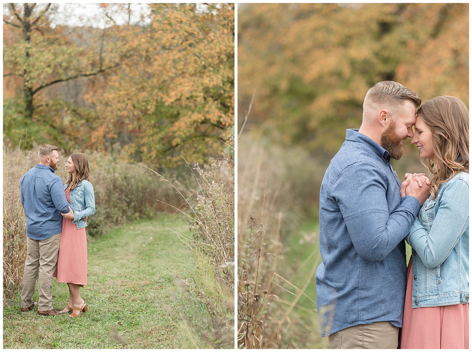 engaged couple standing close with their hands folded between their chests and their foreheads touching on colorful fall day