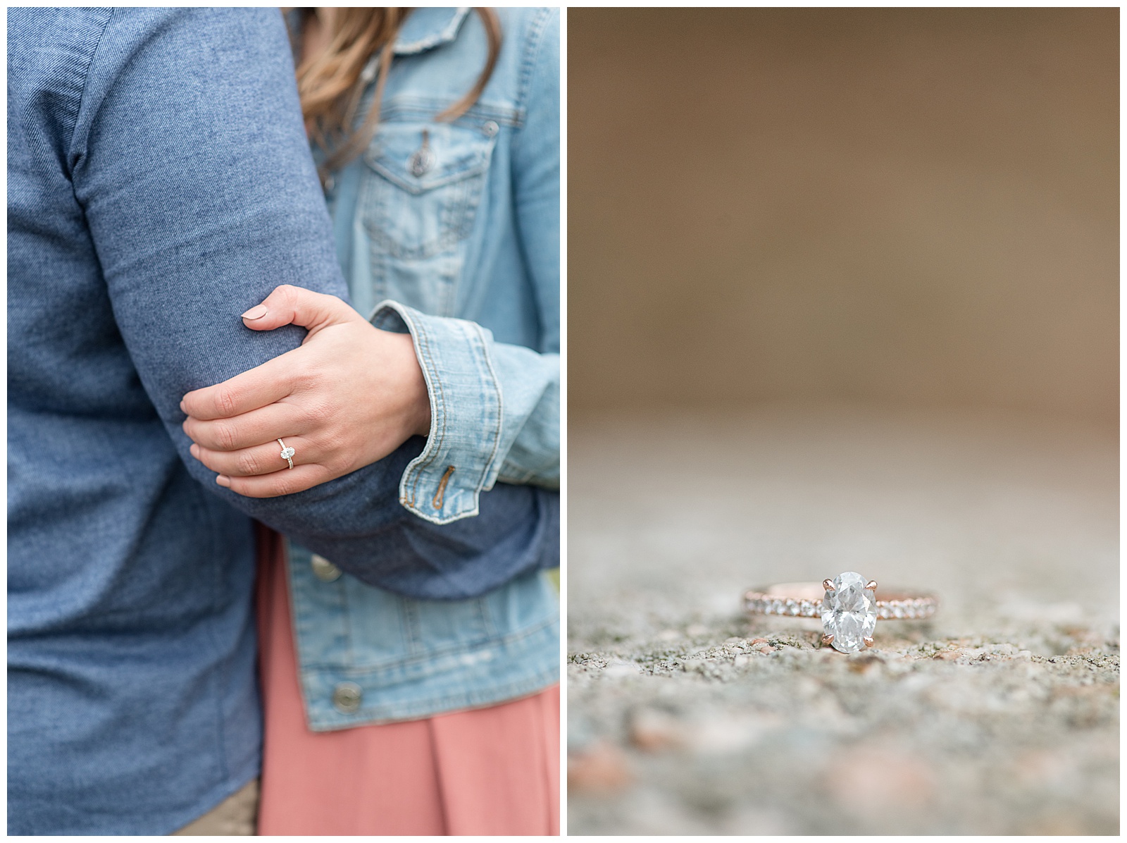 close up photo of beautiful silver diamond engagement ring as woman rests her left hand on man's right arm