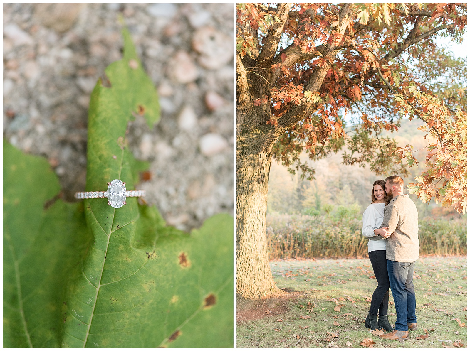close up photo of silver diamond engagement ring on bright green leaf that's laying on stone background in pennsylvania