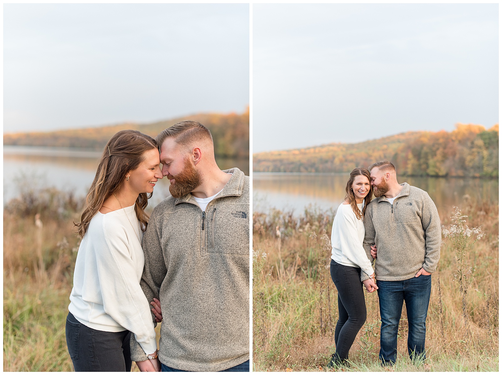 engaged couple resting their foreheads together as girl holds onto guy's right hand by lake on fall day
