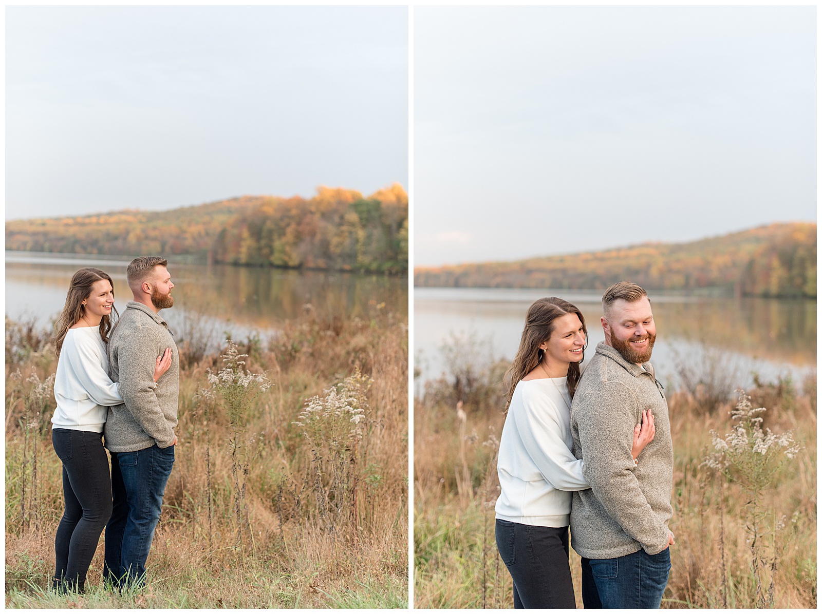 girl hugging guy from behind as they both smile on colorful fall day by wild grasses beside lake