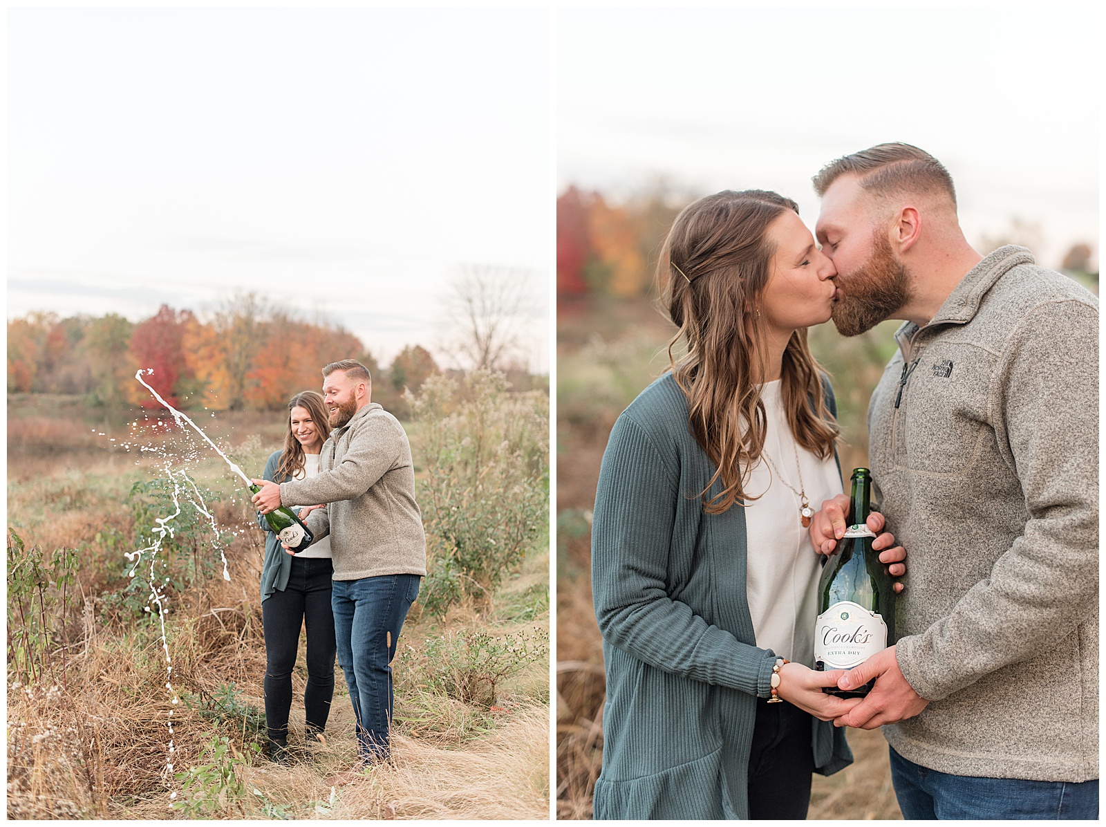 engaged couple holding bottle of champagne as they kiss on colorful fall day in pennsylvania