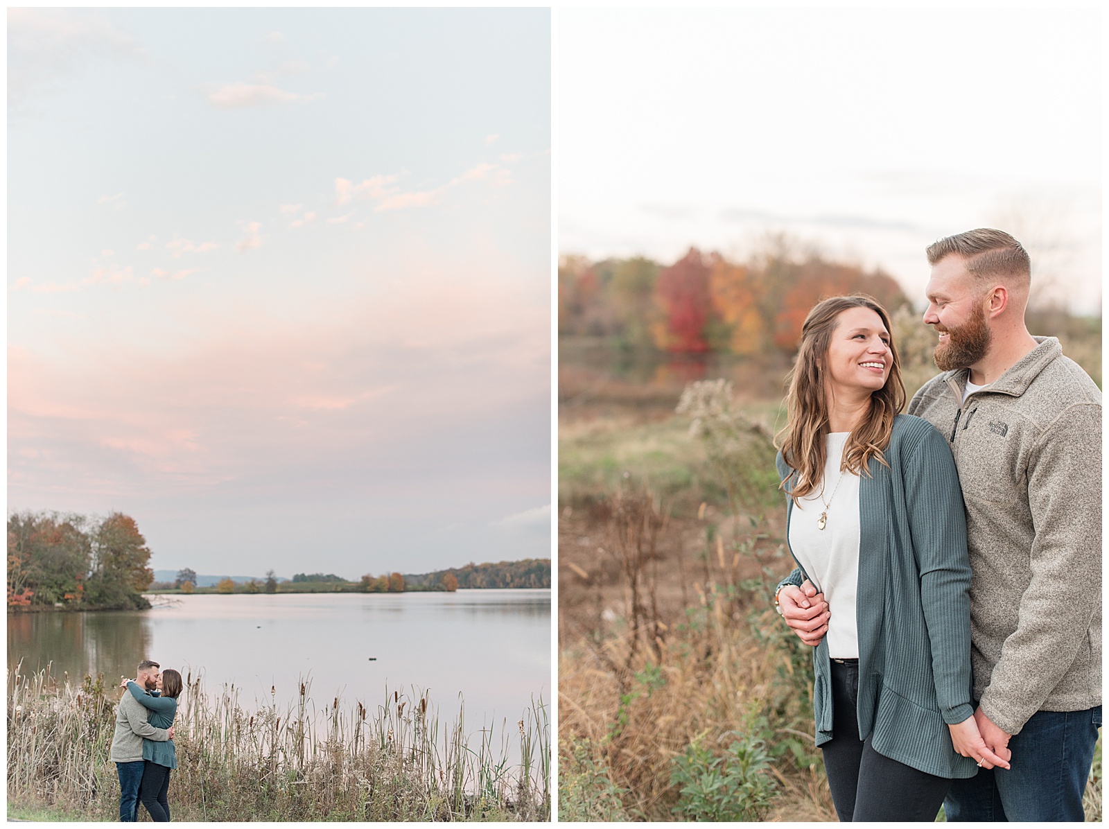 engaged couple hugging by lake at middle creek wildlife preserve on fall day in lancaster county pennsylvania