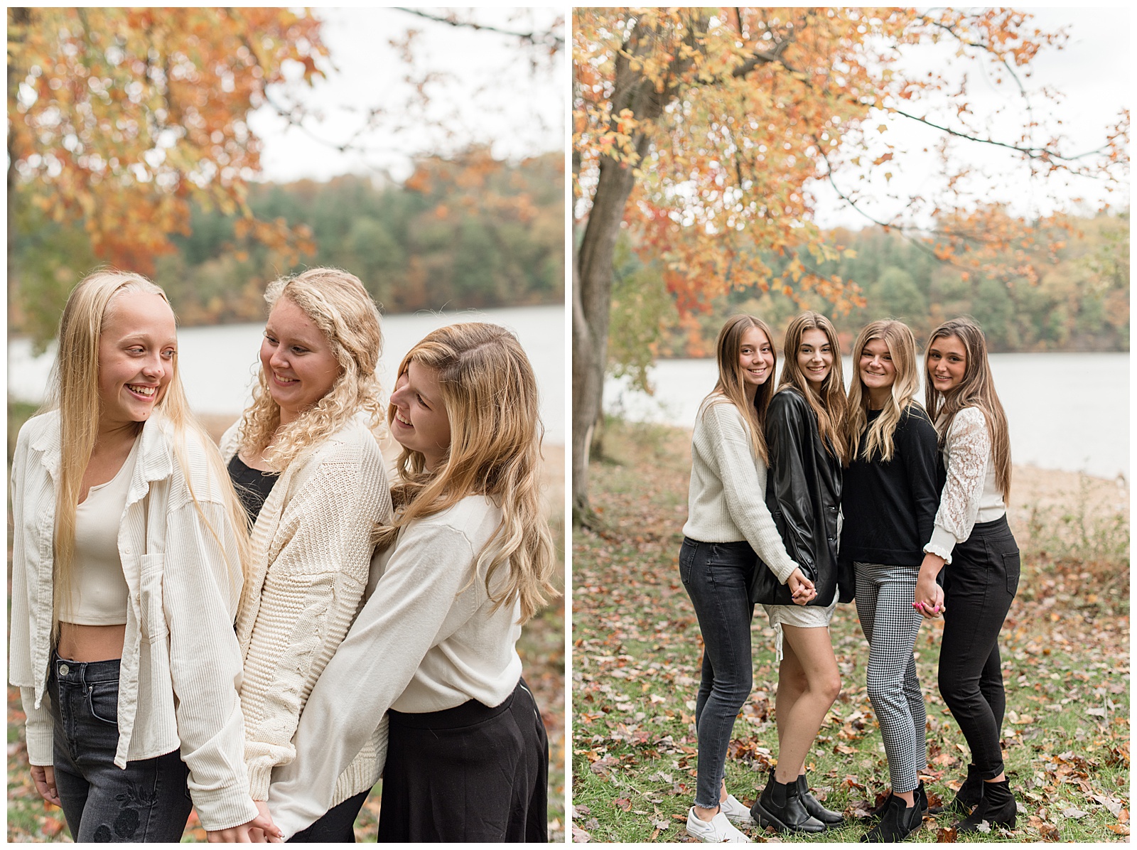 senior girls standing close with their left hands all touching as they smile at each other on cloudy fall day