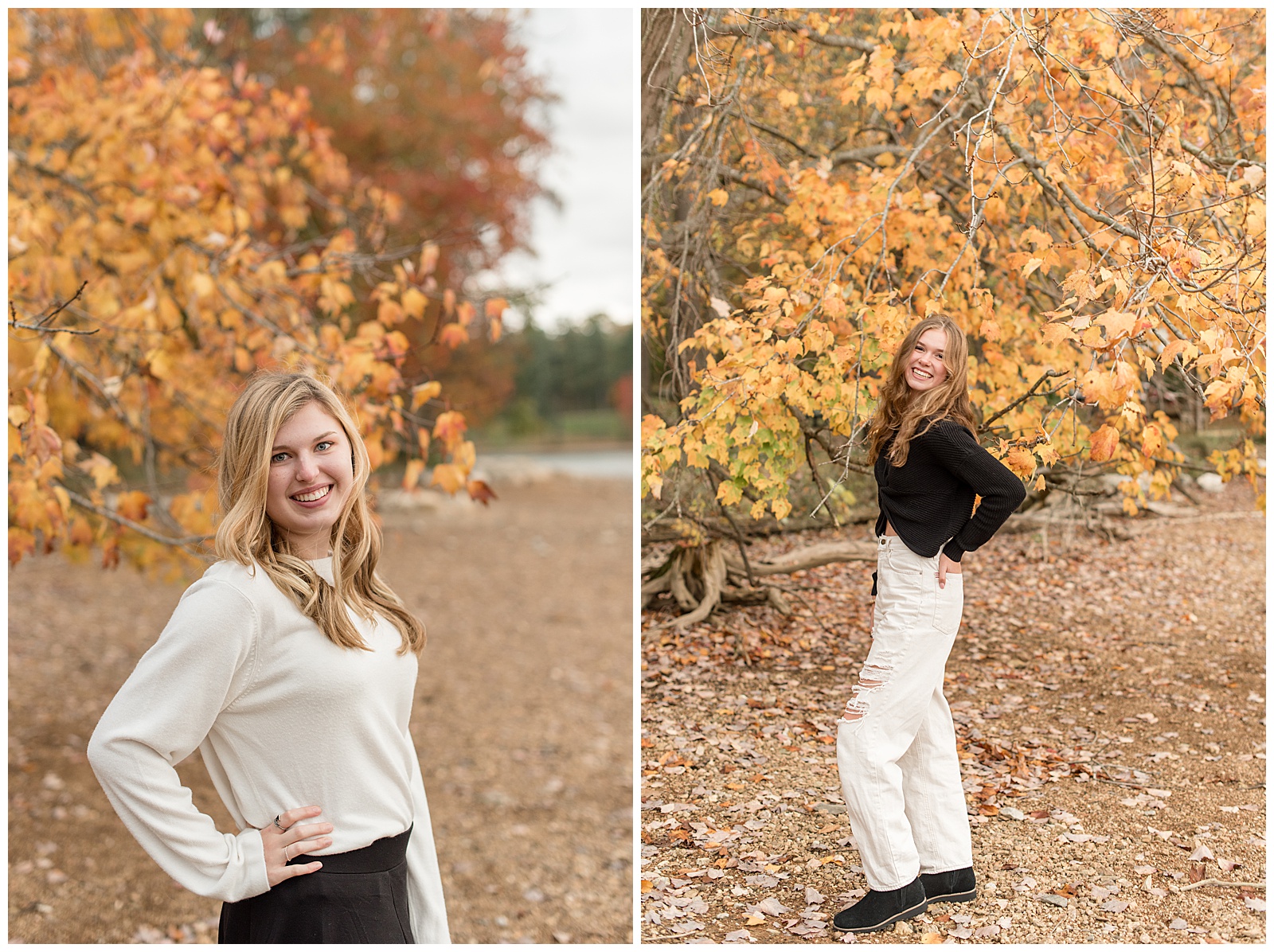 senior girl spokesmodel with hand on hip wearing black and ivory outfit with right shoulder toward camera on fall day